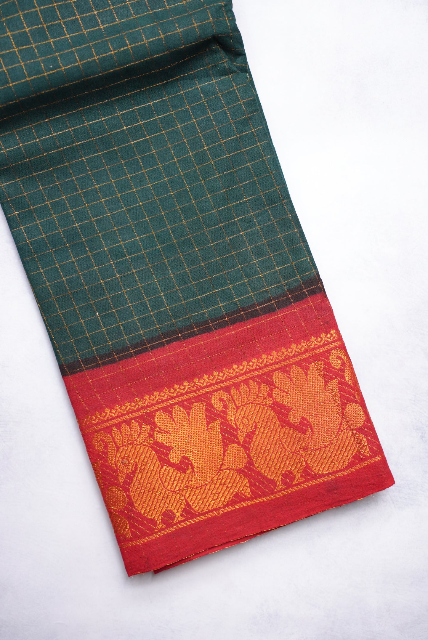 Sungudi Golden Zari Checked Bottle Green Saree with Red Border
