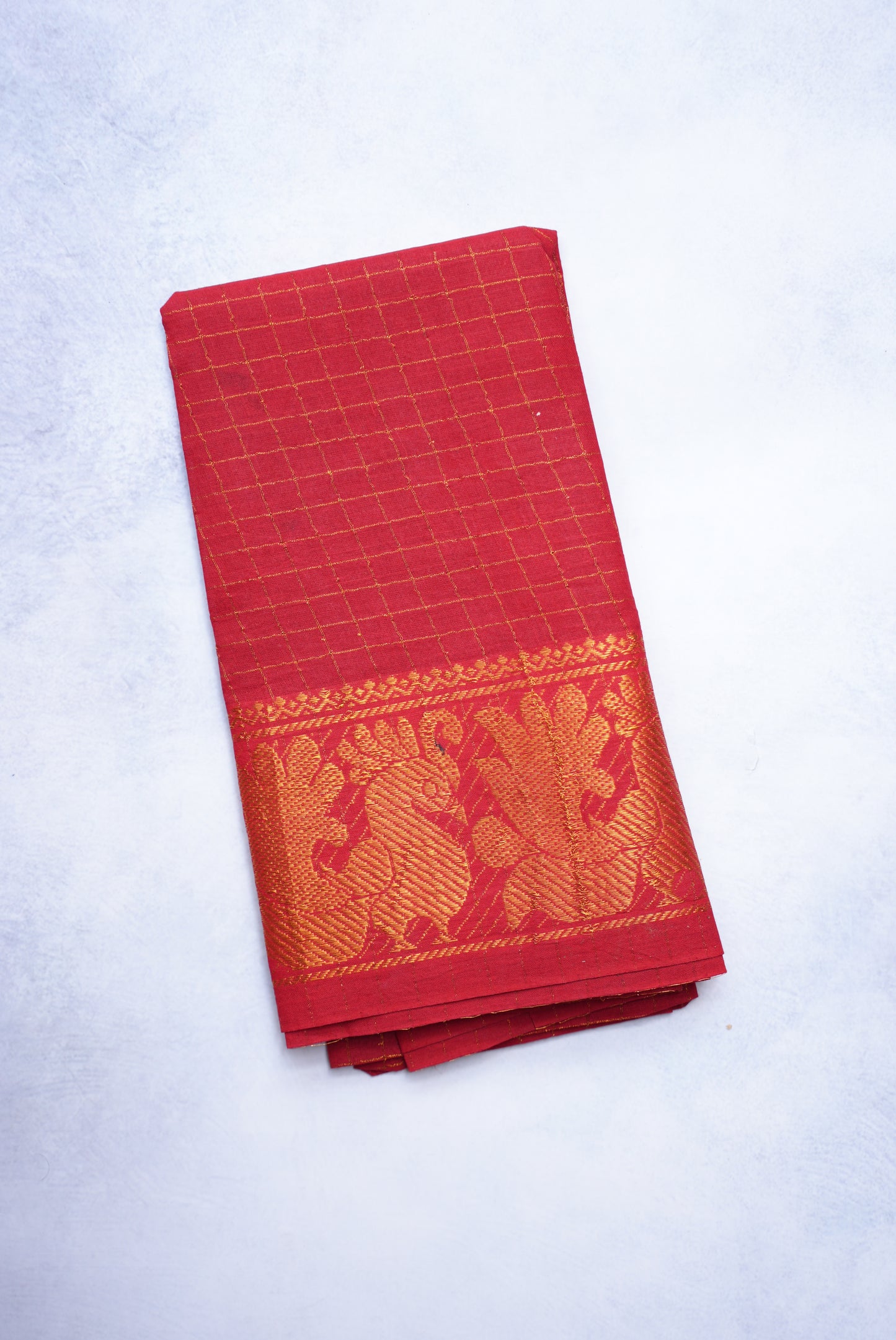 Sungudi Golden Zari Checked Bottle Green Saree with Red Border