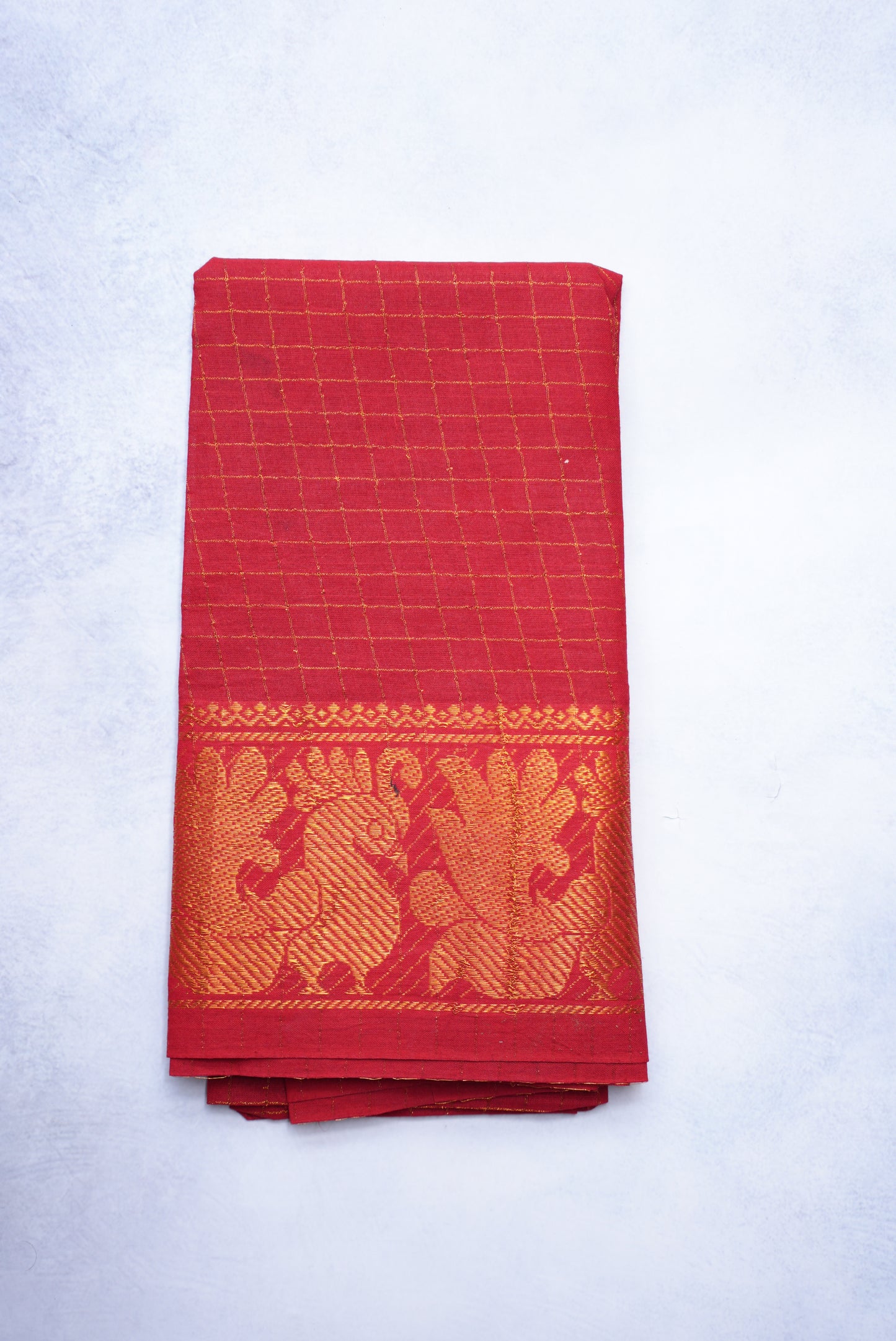 Sungudi Golden Zari Checked Bottle Green Saree with Red Border