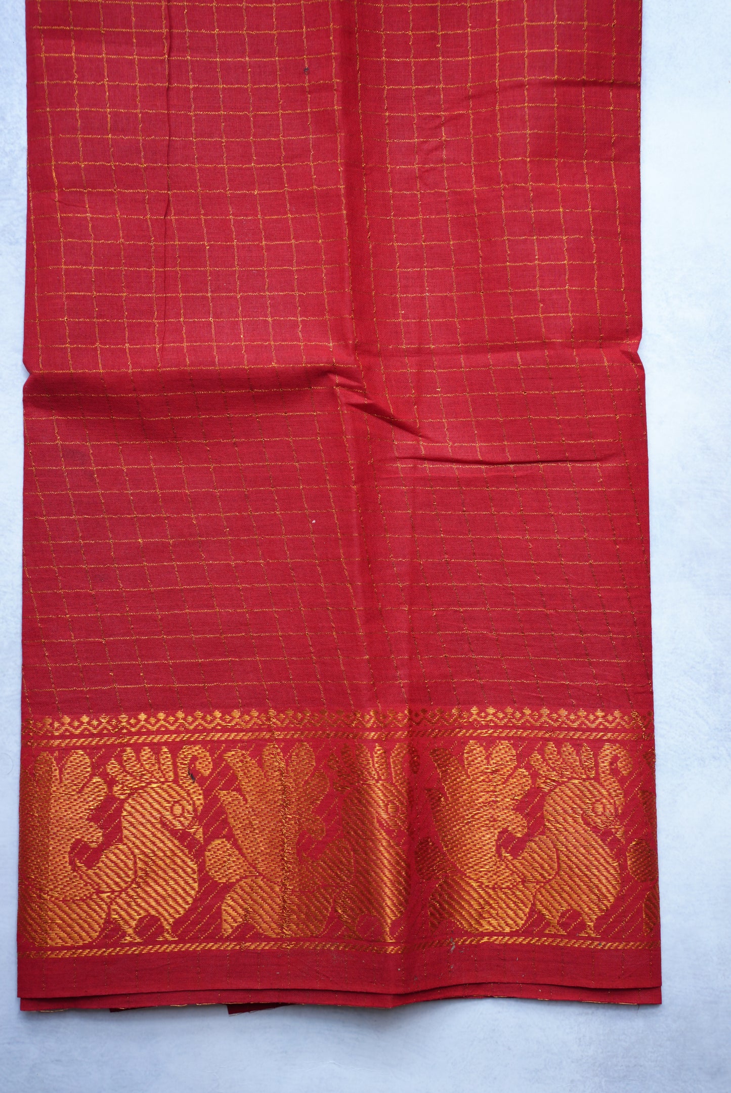 Sungudi Golden Zari Checked Bottle Green Saree with Red Border