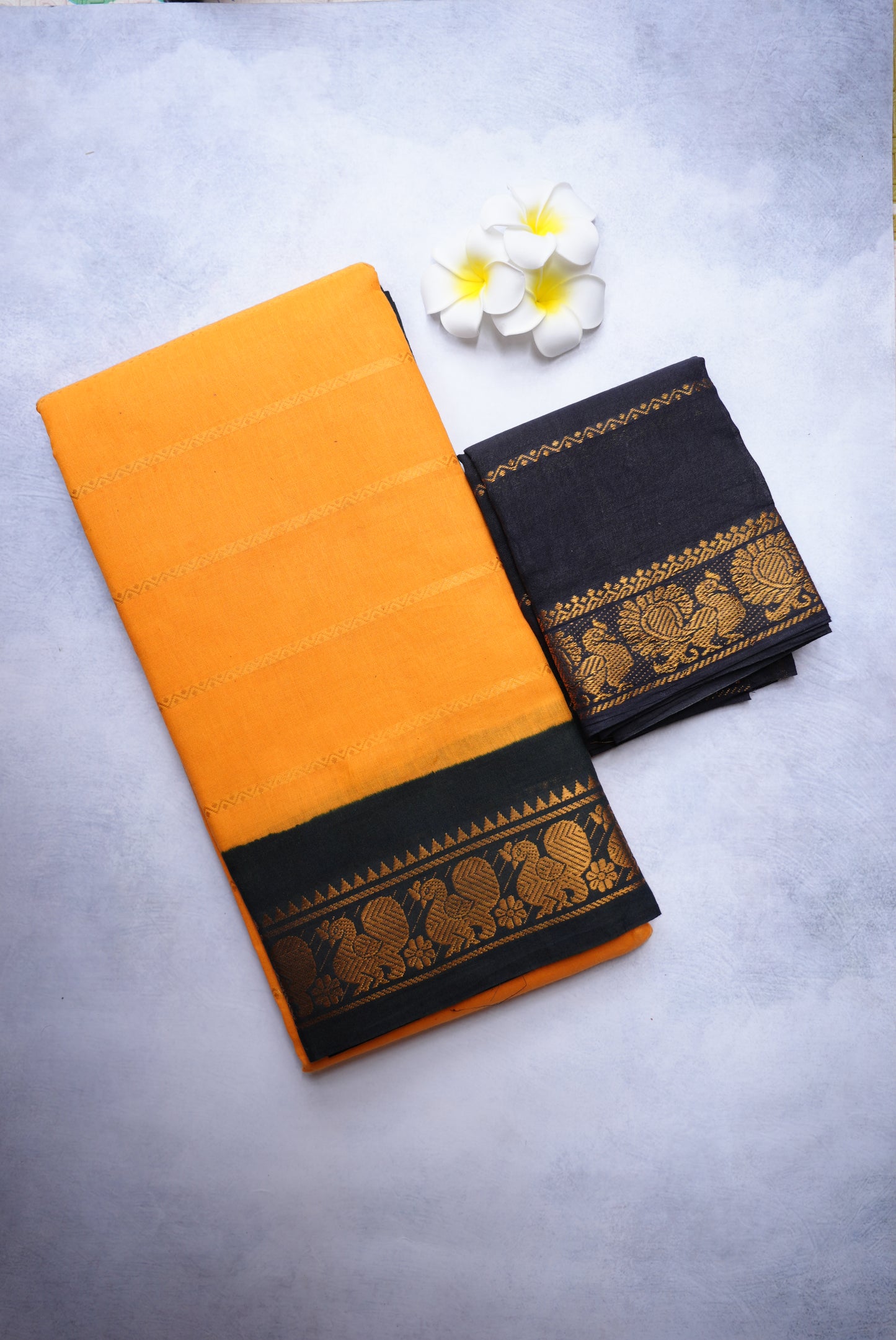 Sungudi Cotton Saree – Mango Yellow with Black Velthari Border