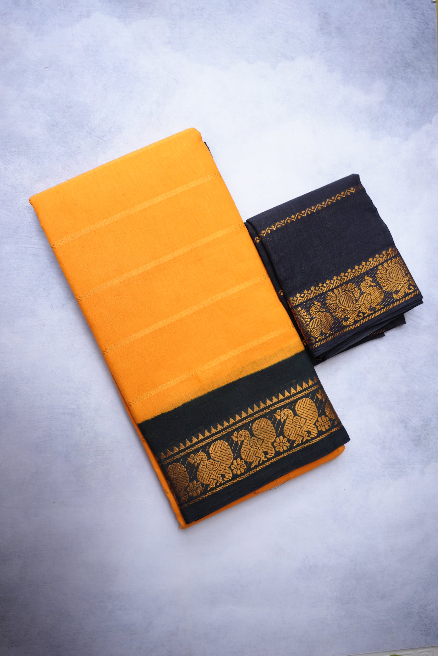 Sungudi Cotton Saree – Mango Yellow with Black Velthari Border