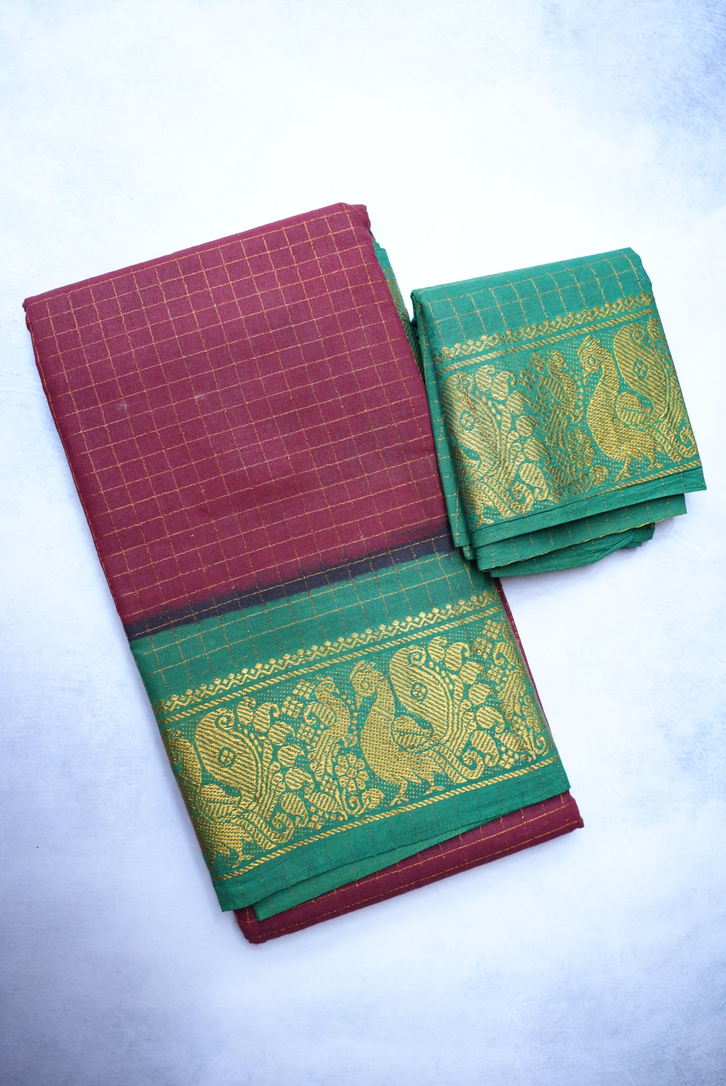 Sungudi Golden Zari Checked Maroon Saree with Green Border