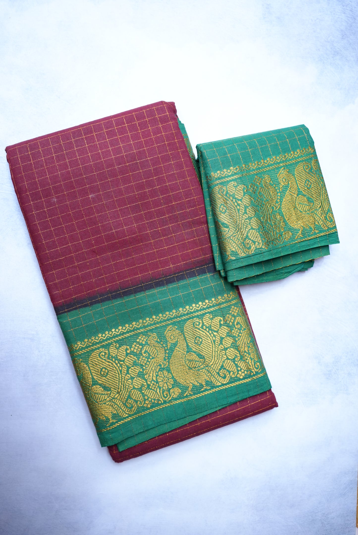 Sungudi Golden Zari Checked Maroon Saree with Green Border