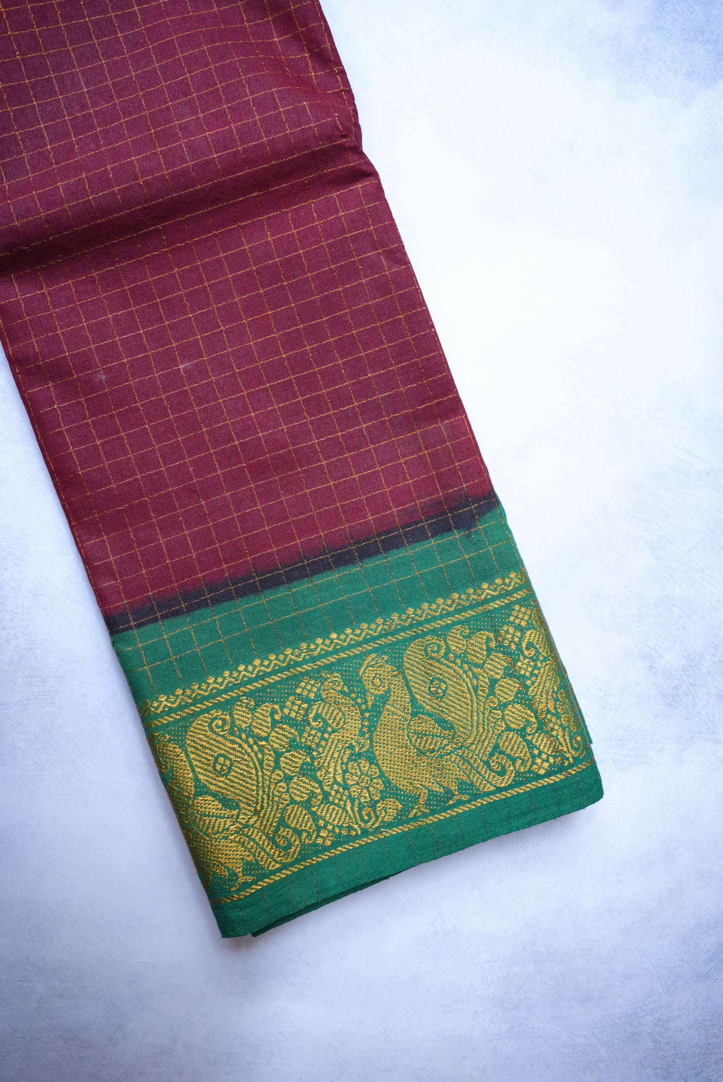 Sungudi Golden Zari Checked Maroon Saree with Green Border