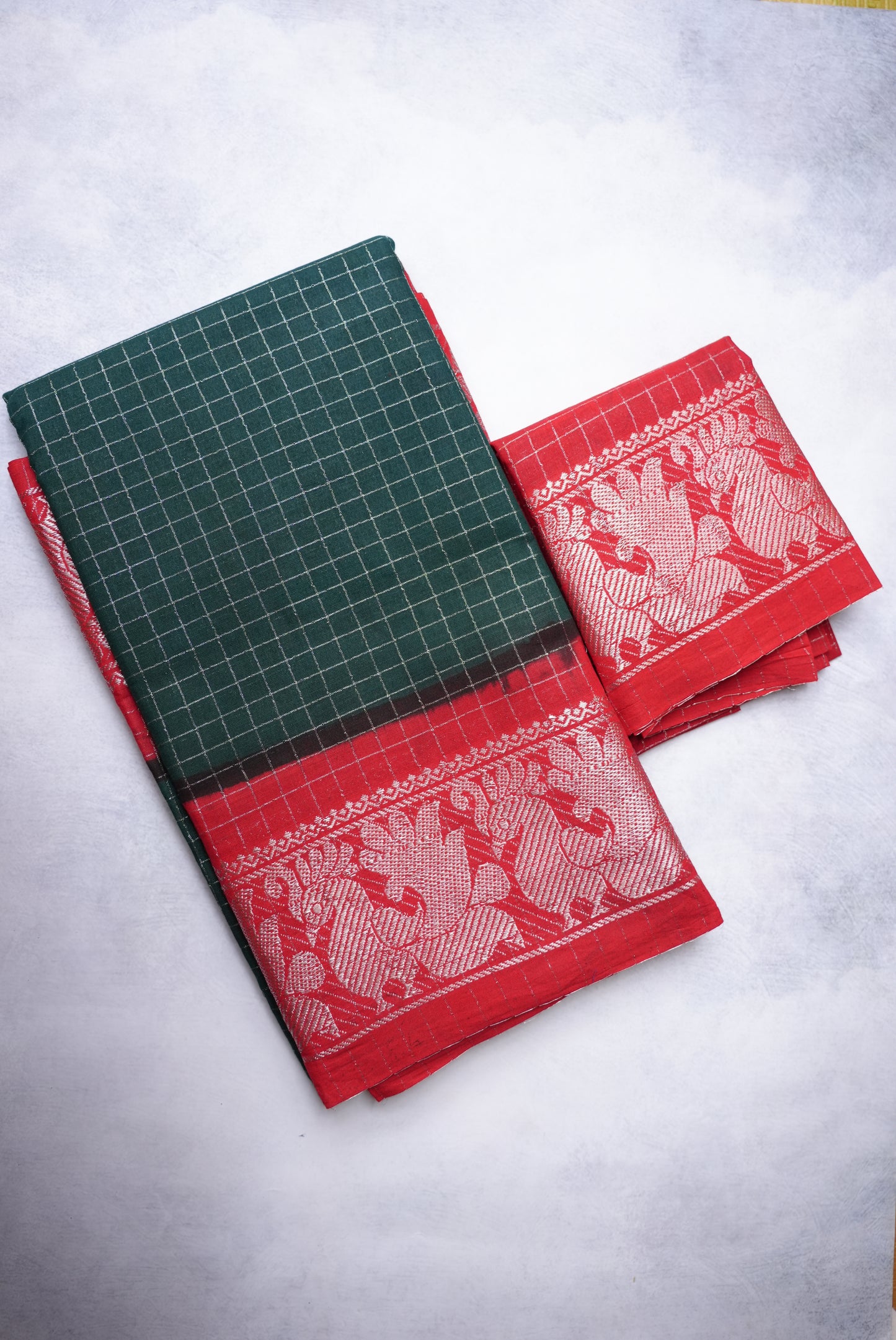 Sungudi Saree Silver Zari Checked bottle green saree with red border