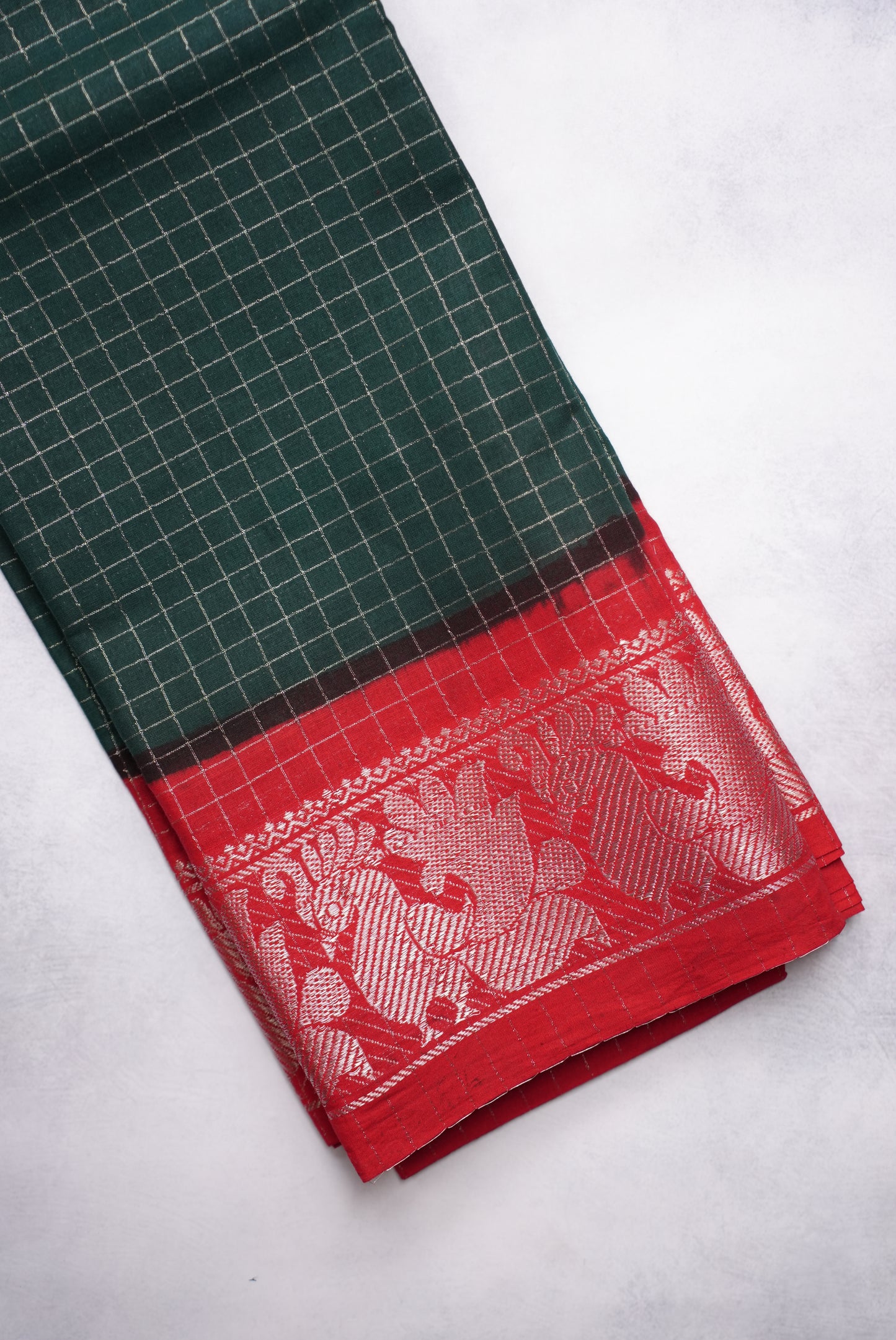 Sungudi Saree Silver Zari Checked bottle green saree with red border