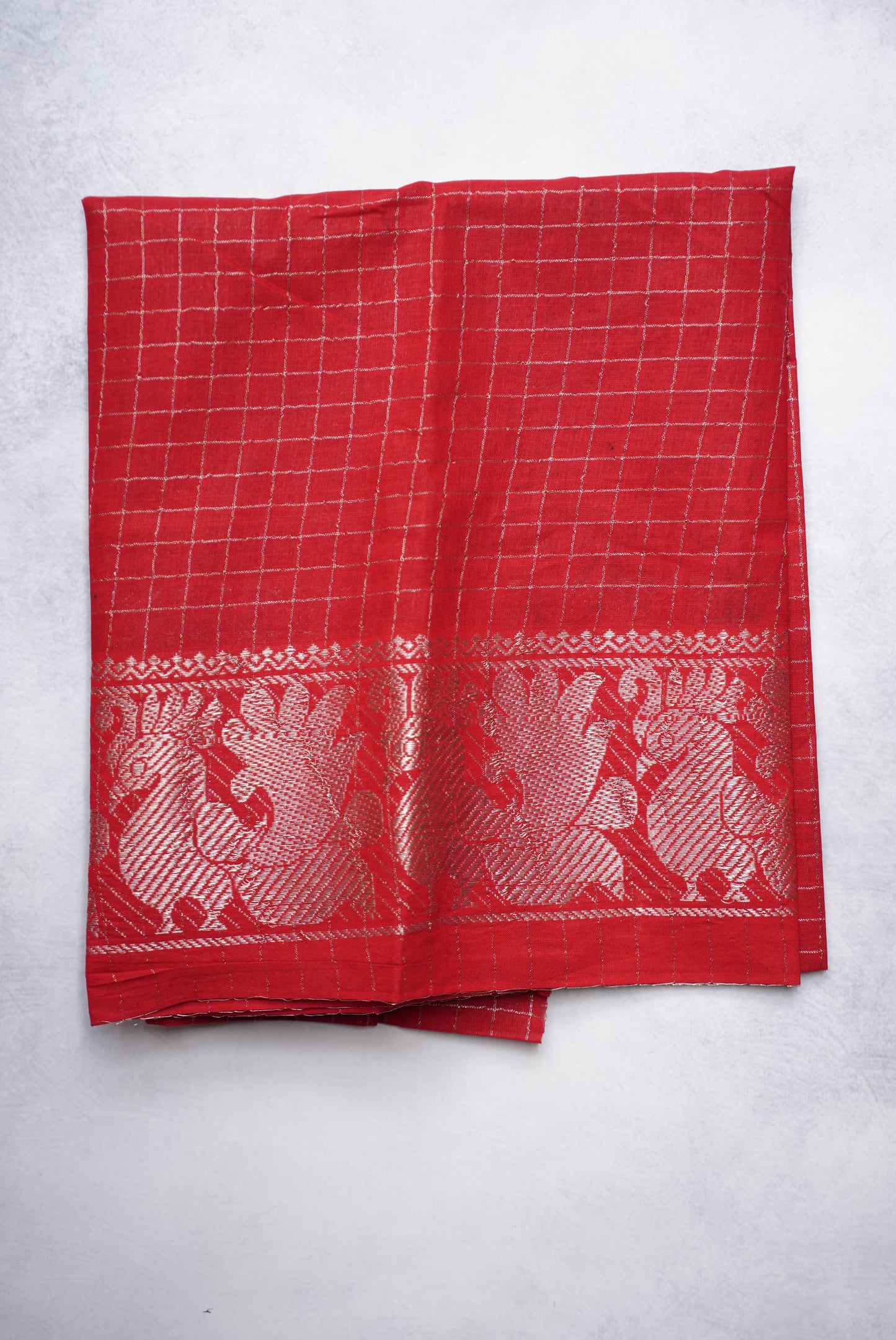 Sungudi Saree Silver Zari Checked bottle green saree with red border