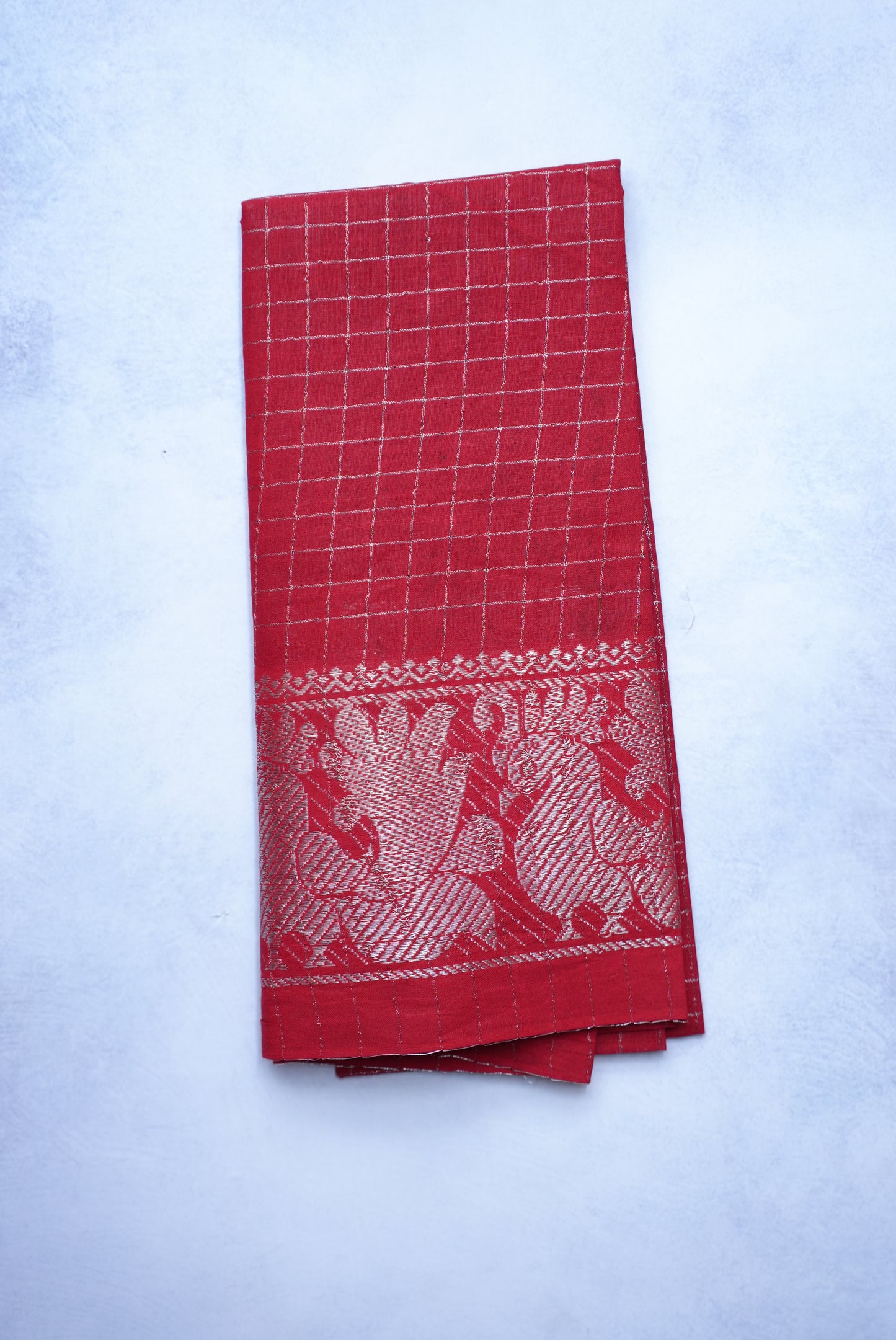 Sungudi Saree Silver Zari Checked bottle green saree with red border