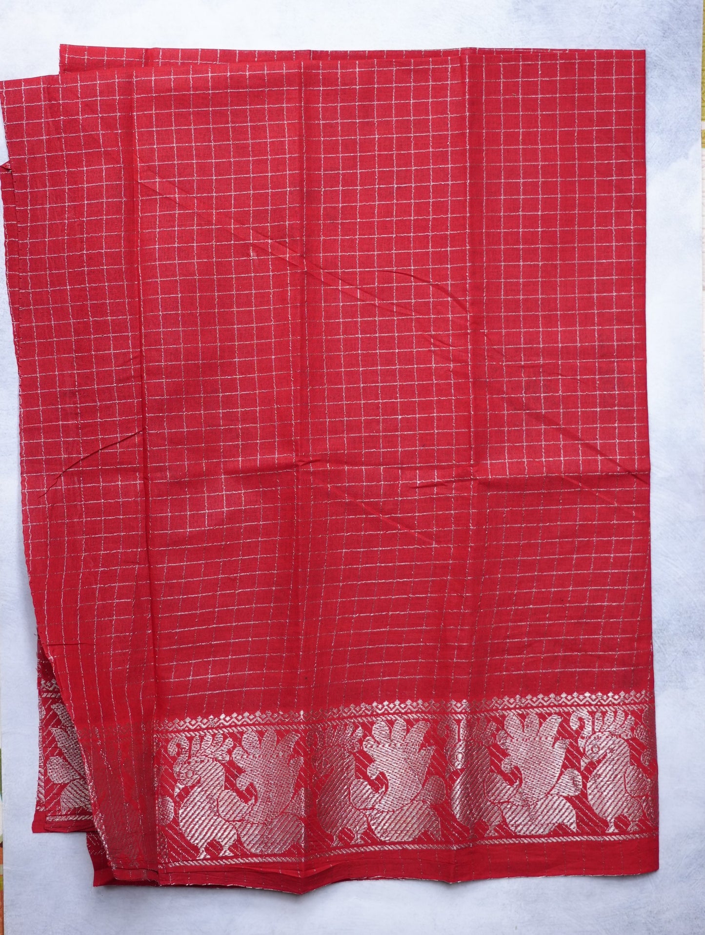 Sungudi Saree Silver Zari Checked bottle green saree with red border