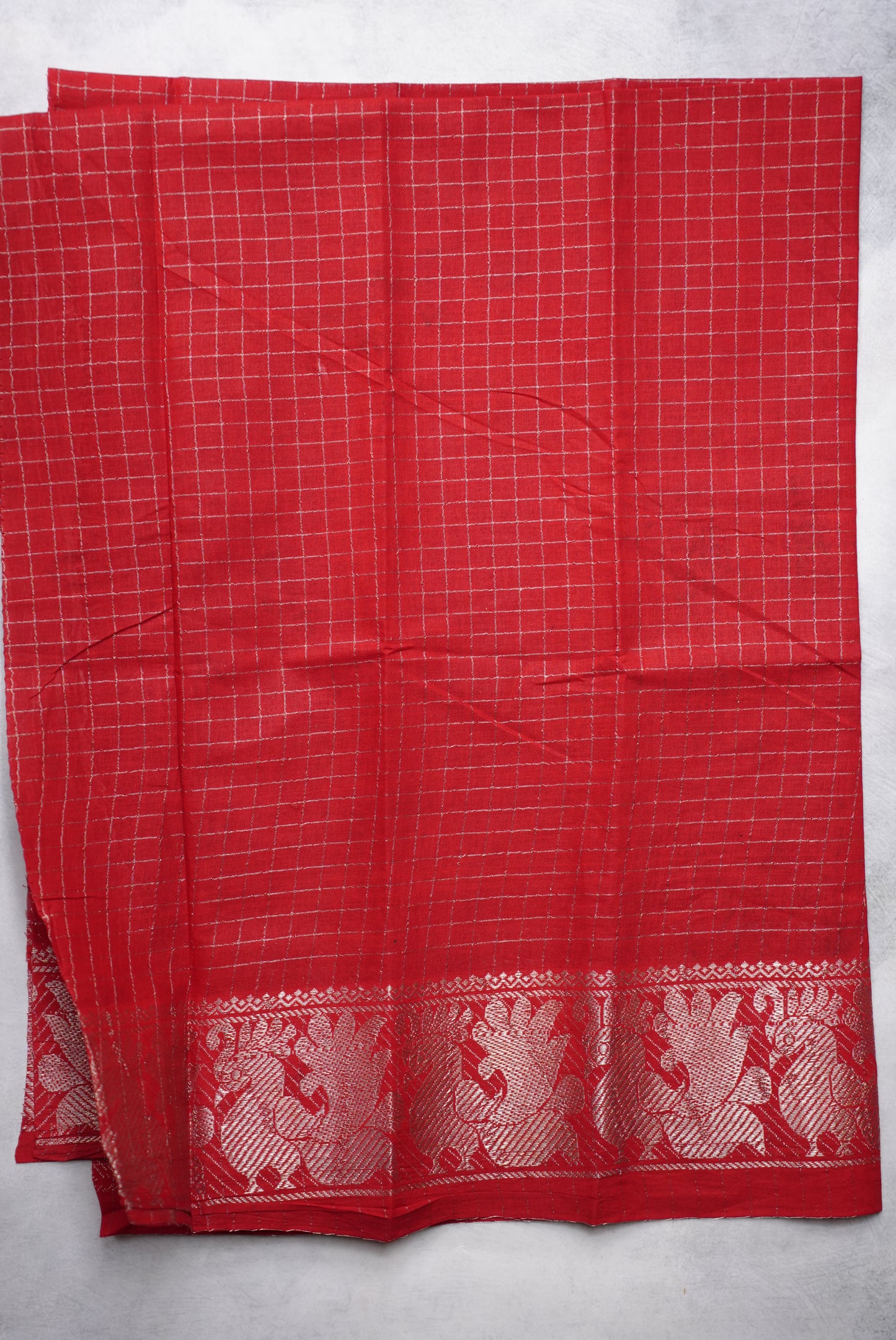 Sungudi Saree Silver Zari Checked bottle green saree with red border