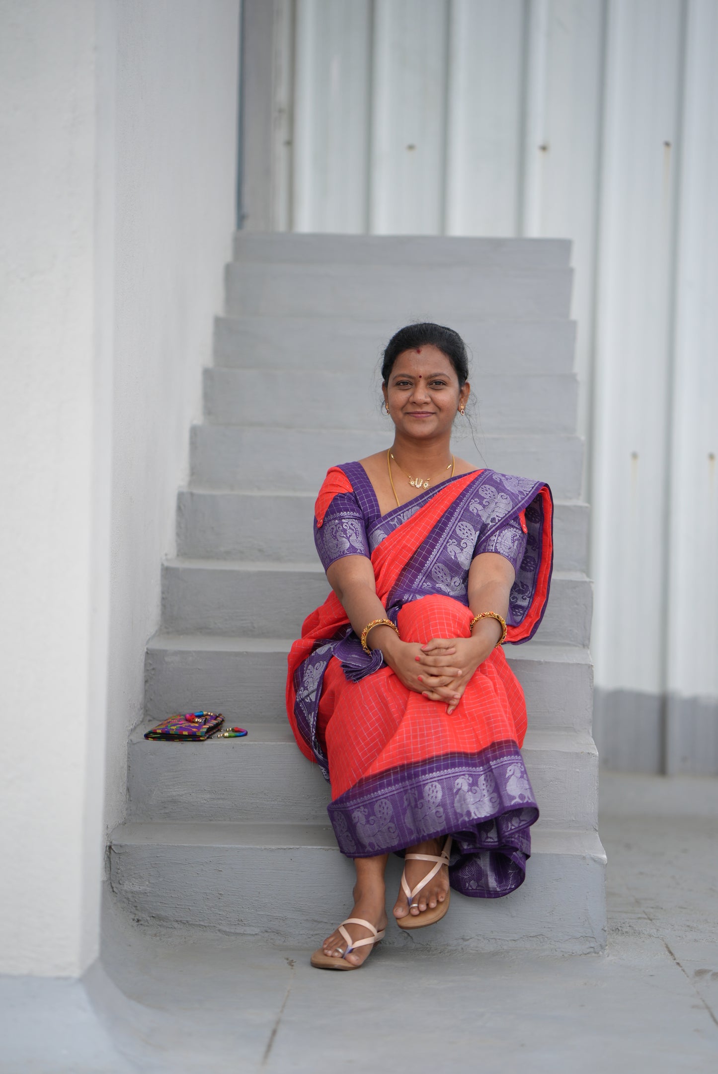 Orange Sungudi Cotton Saree with Violet Border – Traditional Cotton Saree with Blouse Piece