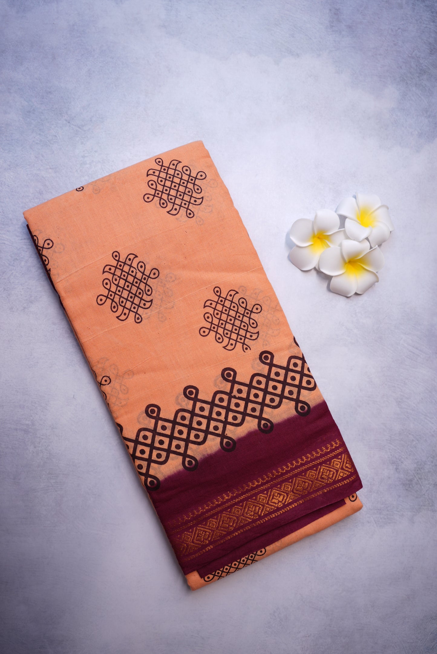 Kolam Printed Saree – Pastel Shade with Black Kolam Print - Sungudi saree