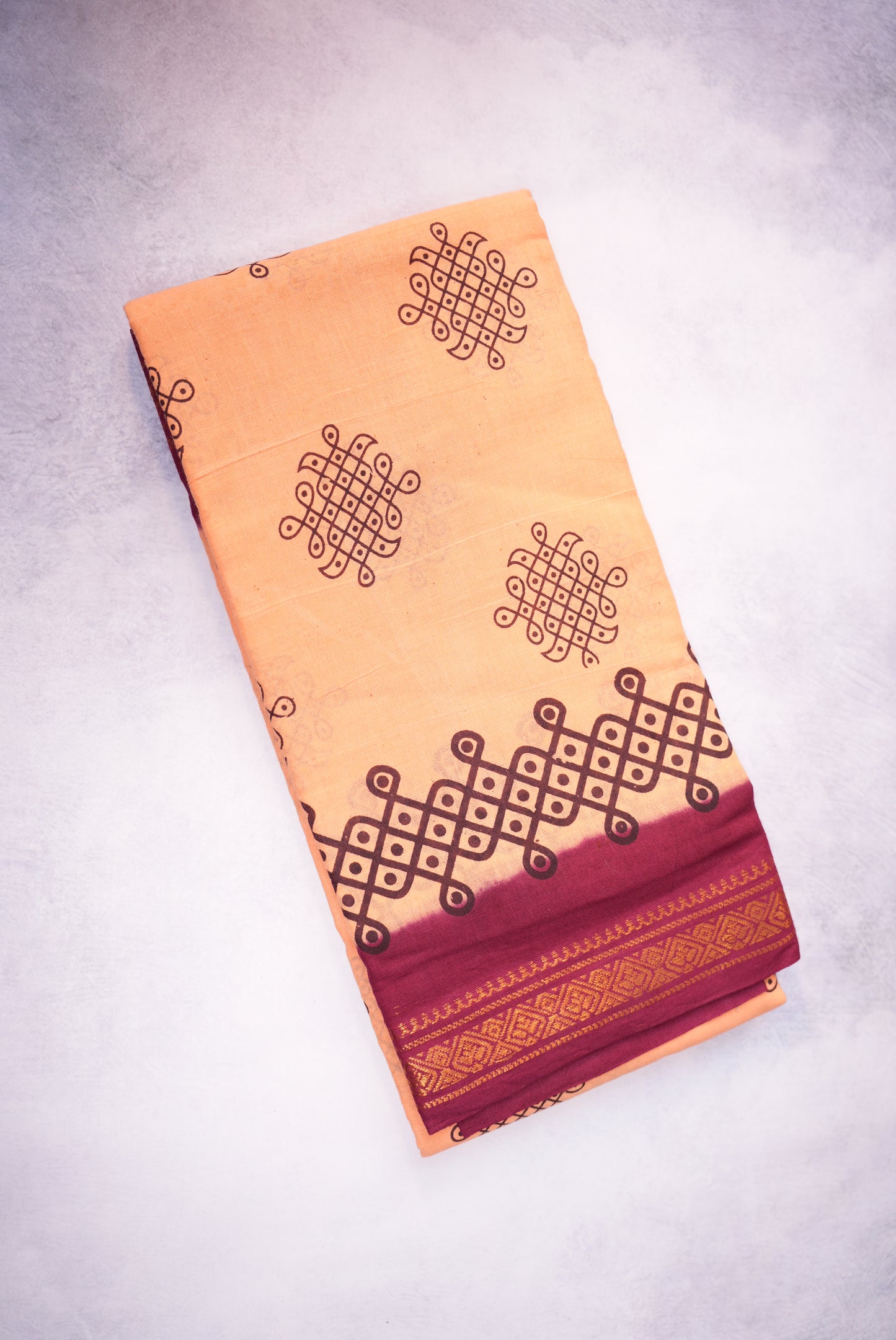 Kolam Printed Saree – Pastel Shade with Black Kolam Print - Sungudi saree