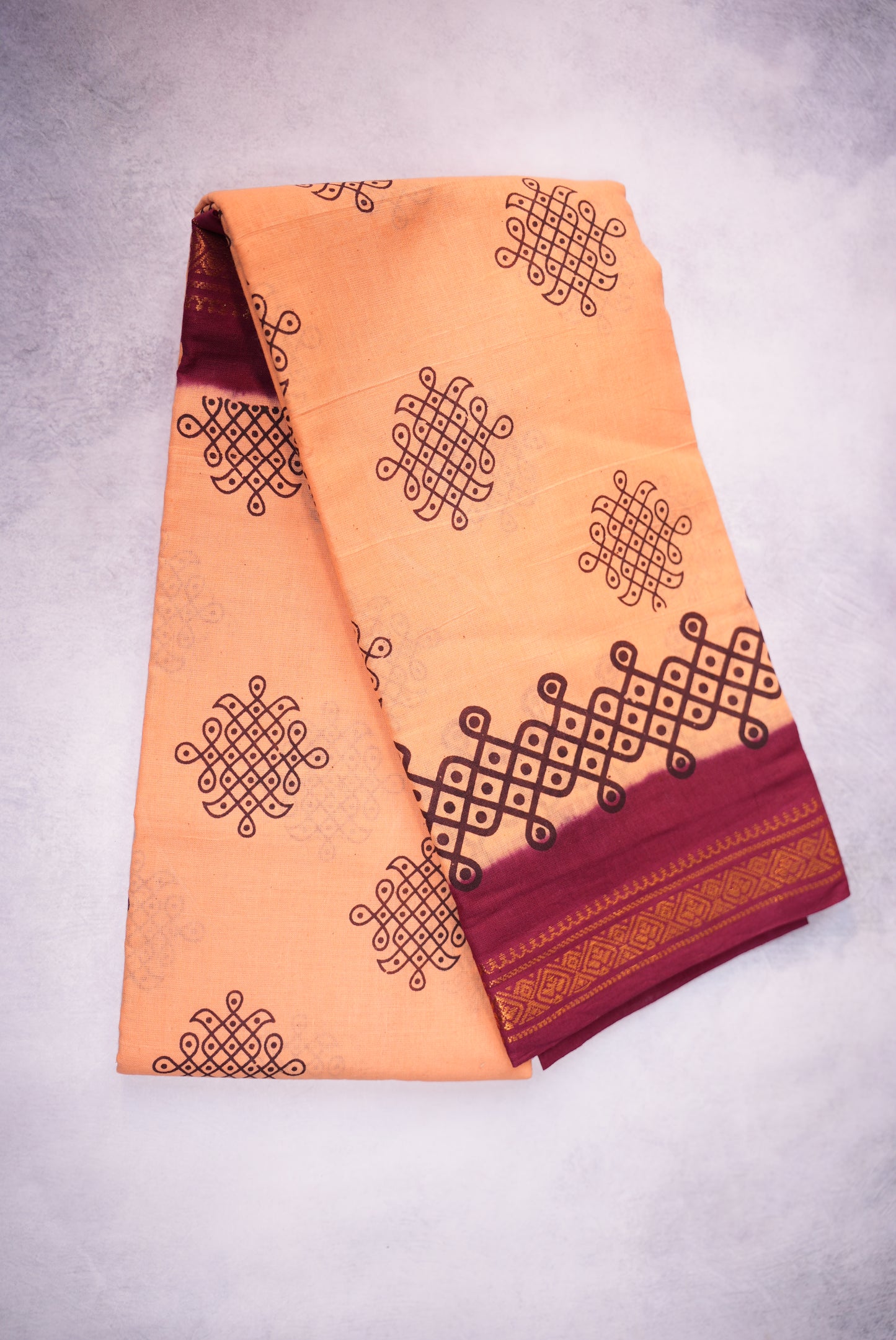Kolam Printed Saree – Pastel Shade with Black Kolam Print - Sungudi saree