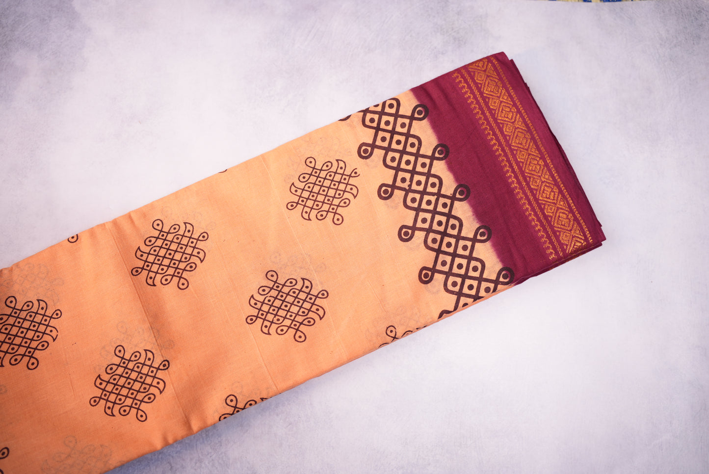 Kolam Printed Saree – Pastel Shade with Black Kolam Print - Sungudi saree