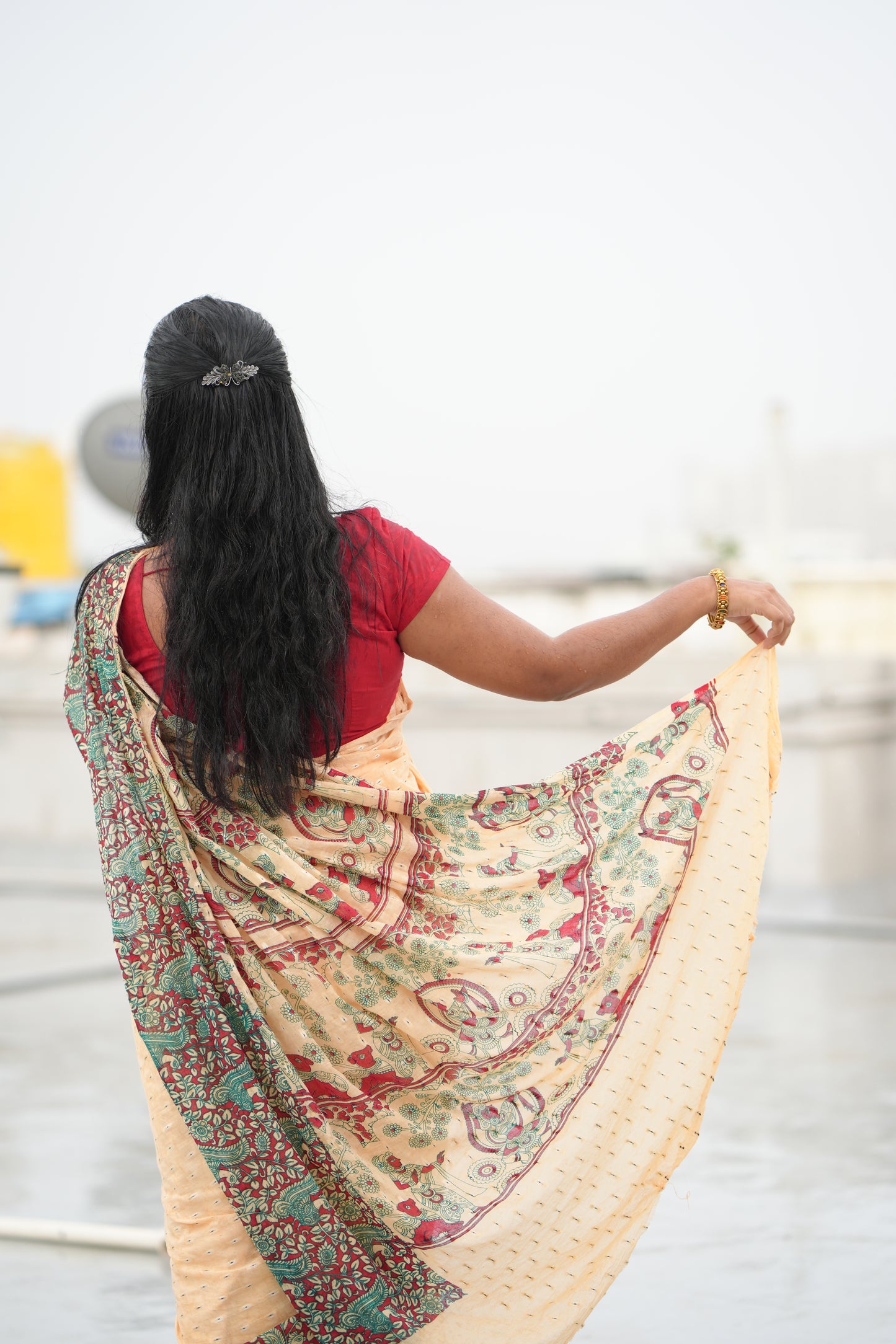 Kalamkari Printed Sungudi Cotton Saree with 10-Inch Border – Pure Cotton Saree Without Blouse