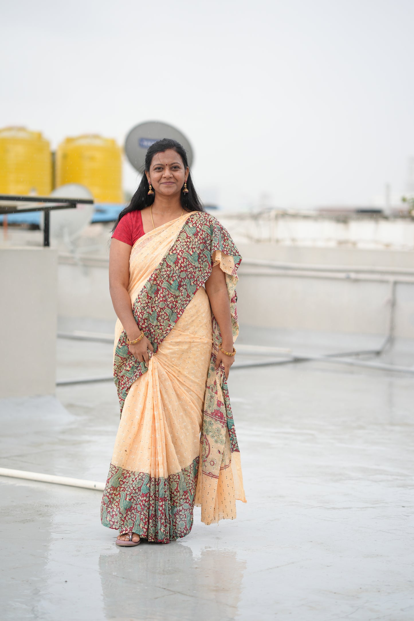 Kalamkari Printed Sungudi Cotton Saree with 10-Inch Border – Pure Cotton Saree Without Blouse