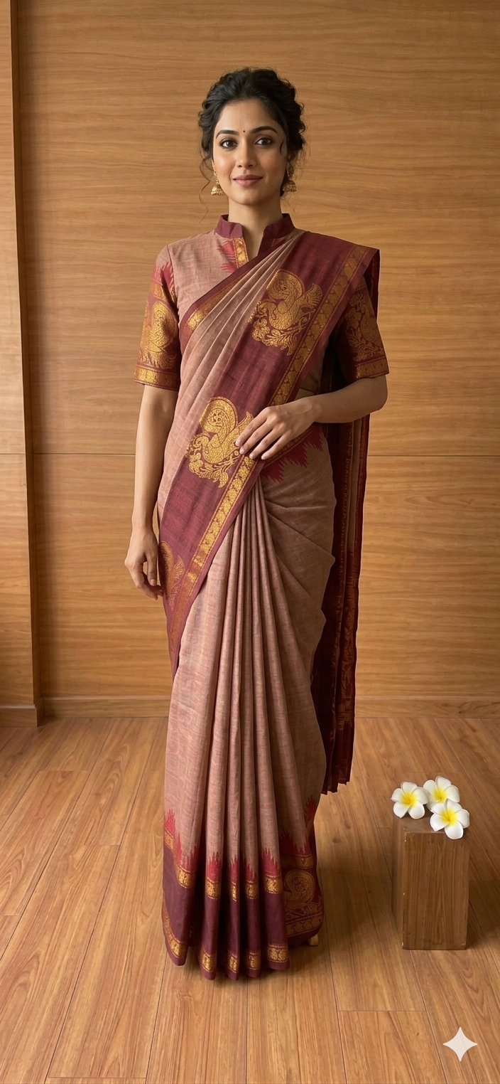 Kanchi Cotton Saree Maroon Border with Annam Design | TLL186