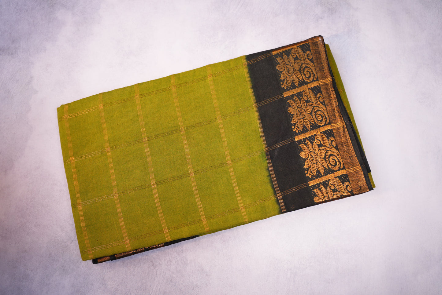 Green Saree with black Border and Kattam Printed Design