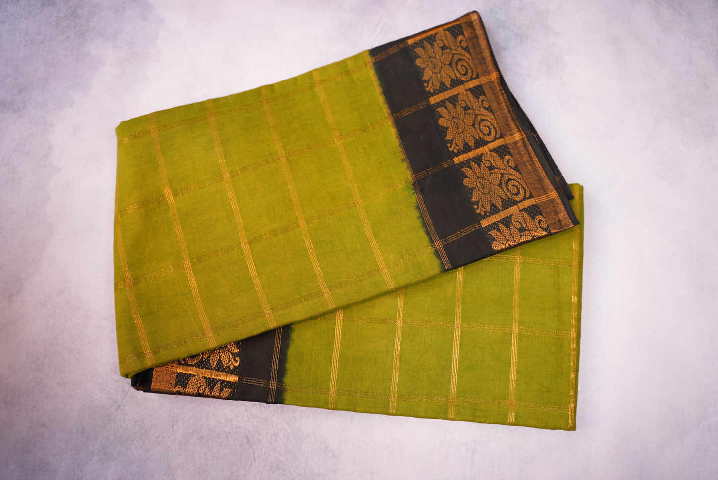 Green Saree with black Border and Kattam Printed Design