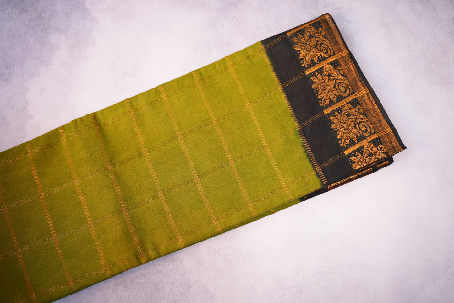 Green Saree with black Border and Kattam Printed Design
