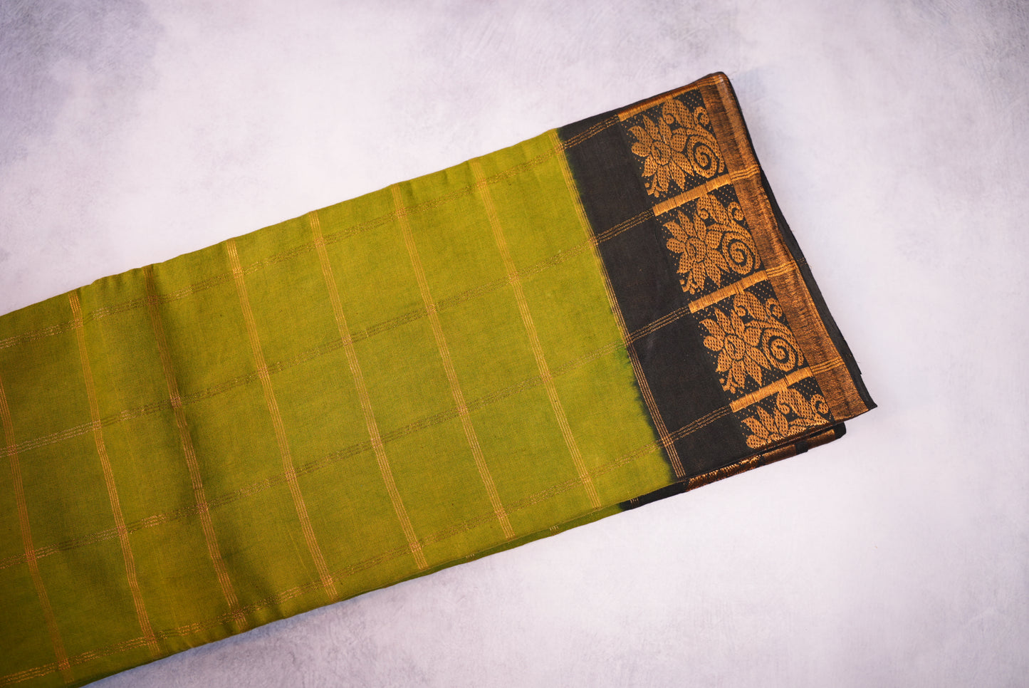 Green Saree with black Border and Kattam Printed Design