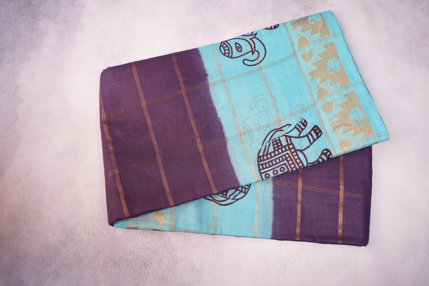 Blouse Saree with Teal Blue Border, Kattam Sungudi Design, and Elephant Motifs