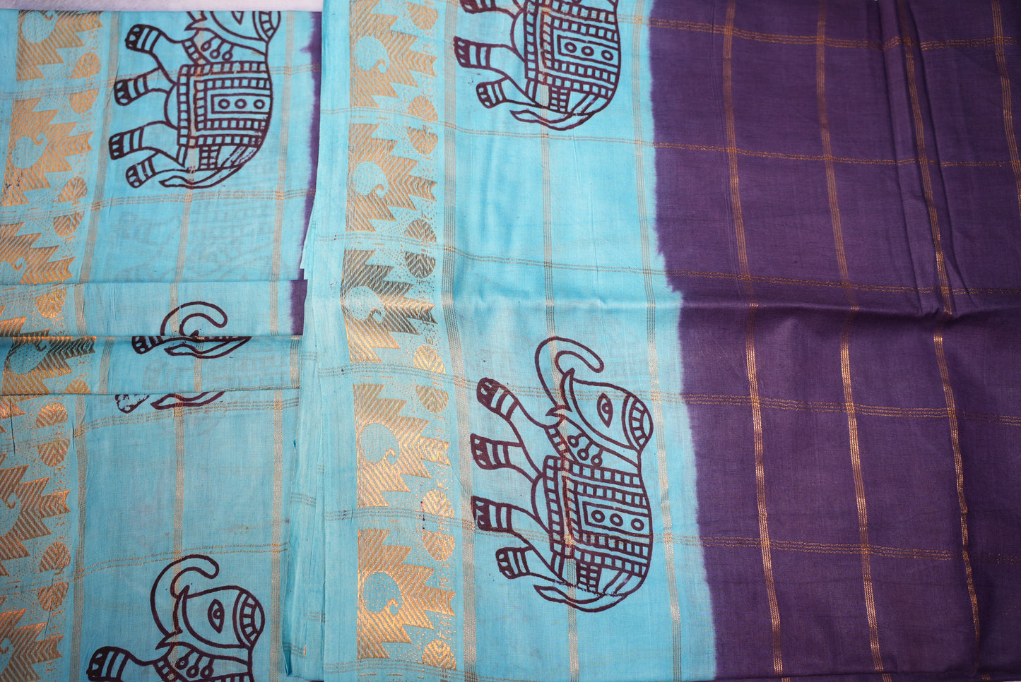 Blouse Saree with Teal Blue Border, Kattam Sungudi Design, and Elephant Motifs