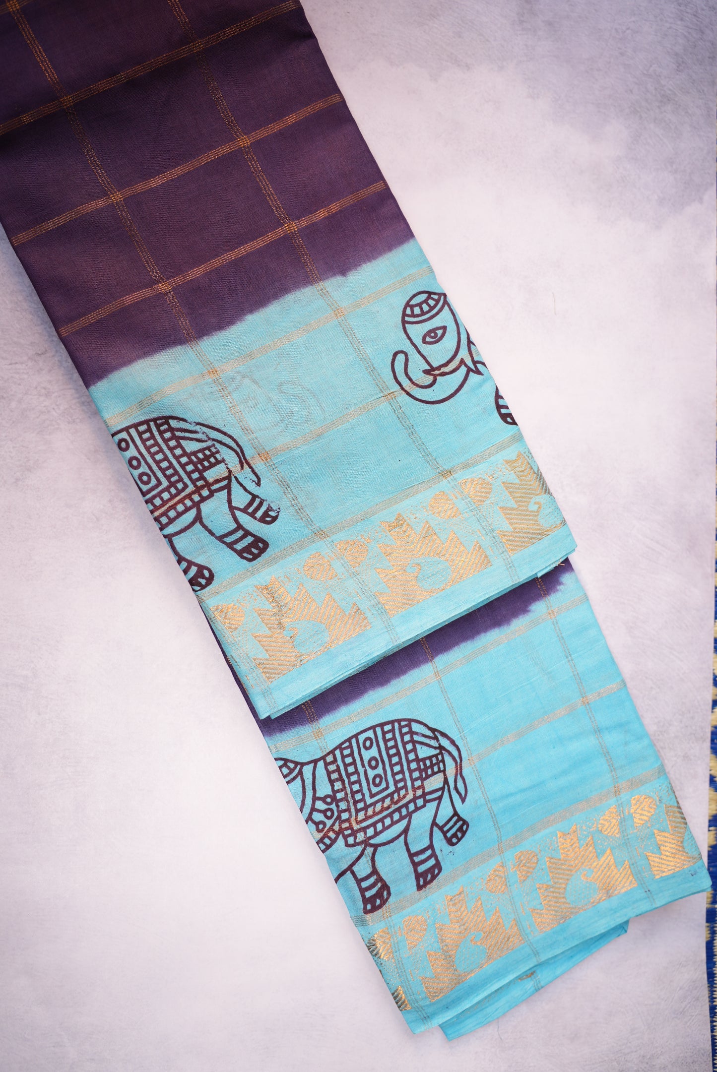 Blouse Saree with Teal Blue Border, Kattam Sungudi Design, and Elephant Motifs