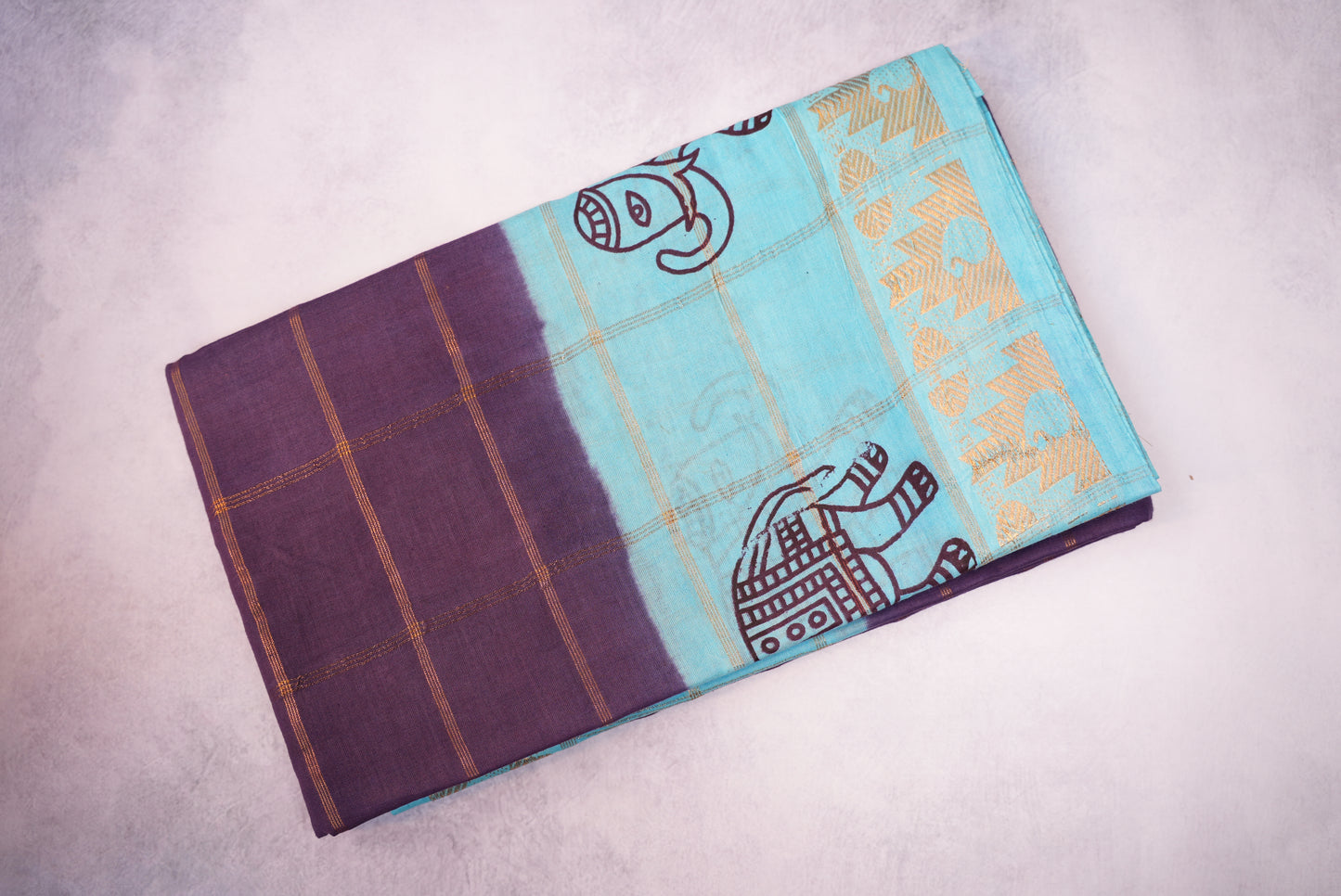 Blouse Saree with Teal Blue Border, Kattam Sungudi Design, and Elephant Motifs