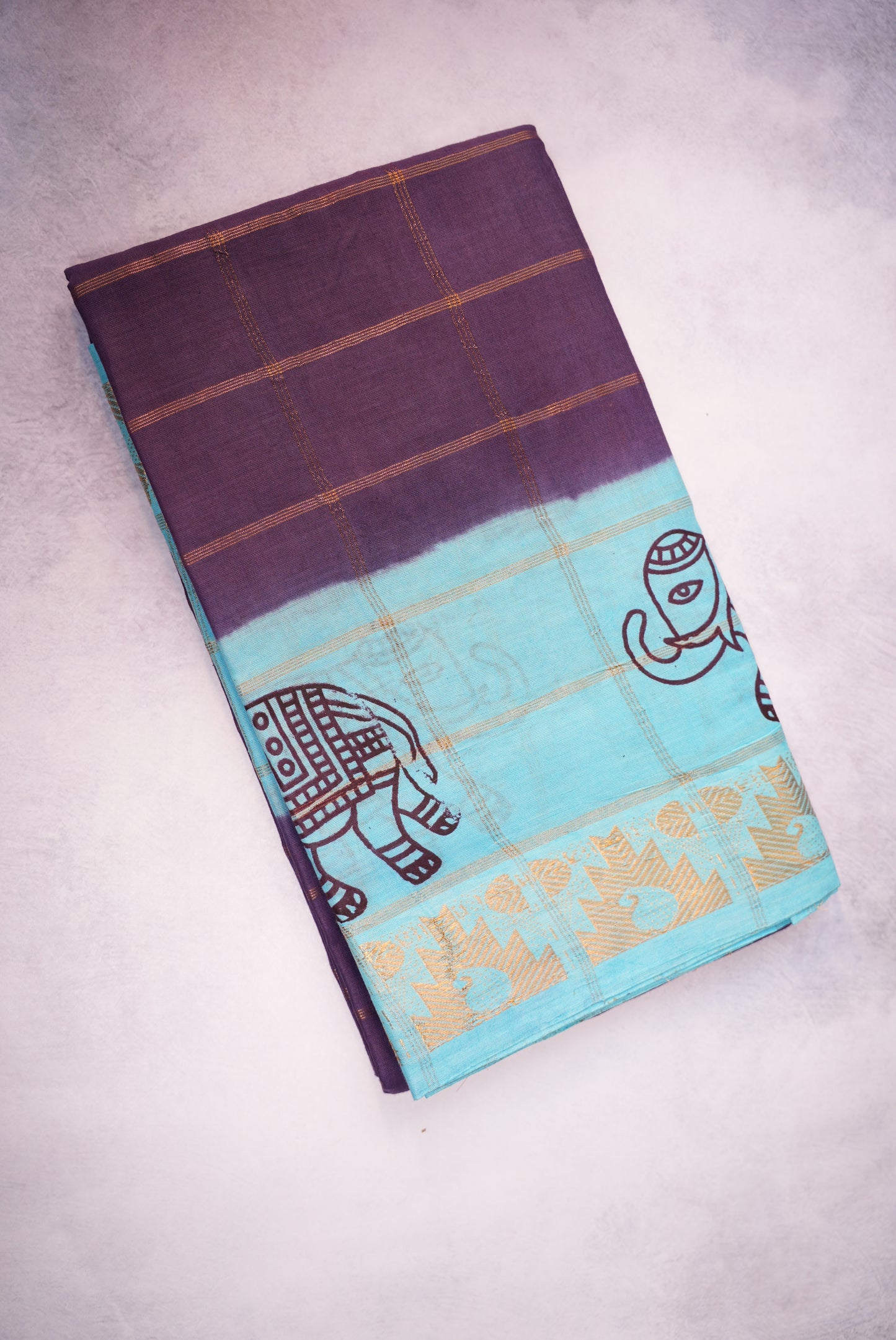 Blouse Saree with Teal Blue Border, Kattam Sungudi Design, and Elephant Motifs