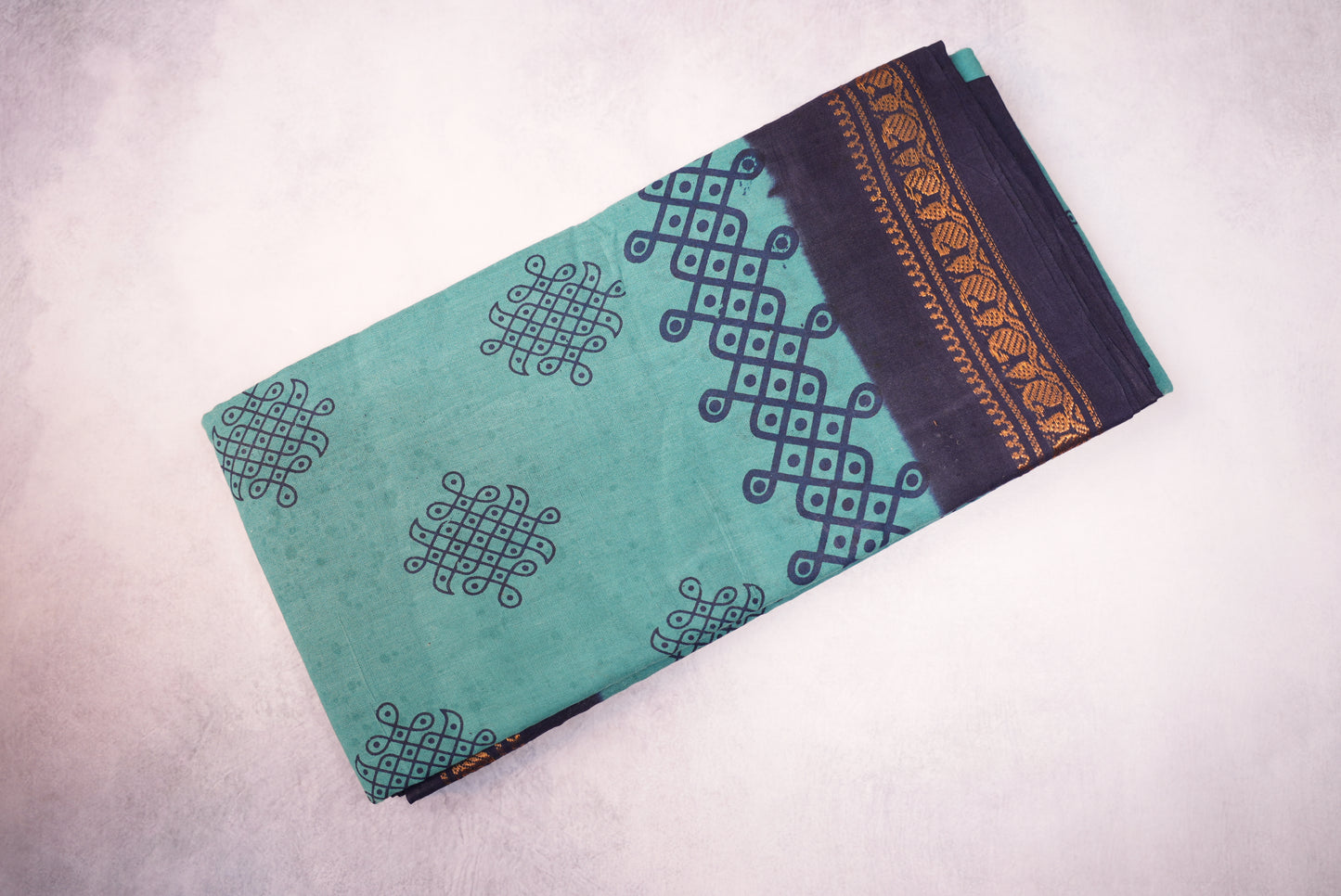 Kolam Printed Saree – Pastel Blue with Dark Blue Border