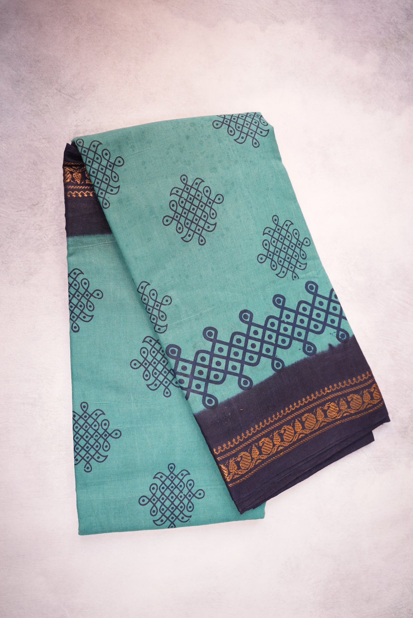 Kolam Printed Saree – Pastel Blue with Dark Blue Border