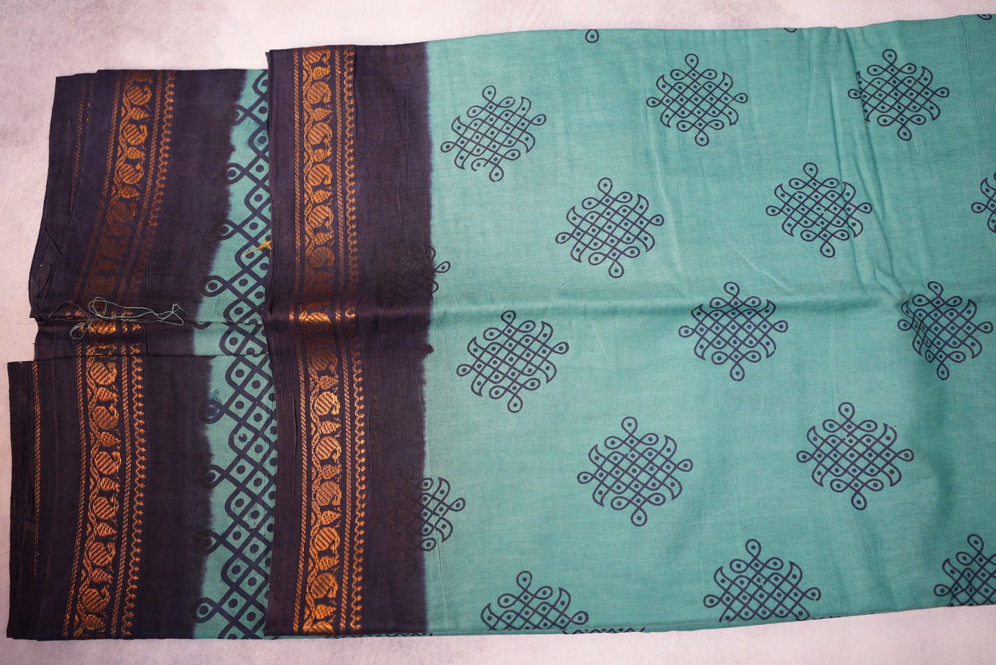 Kolam Printed Saree – Pastel Shade with Dark Blue Border