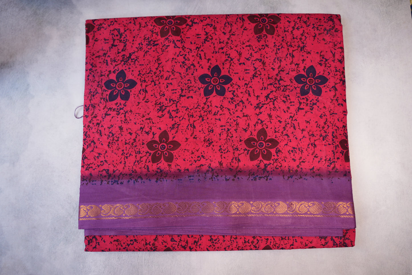 9.5 Yards Sungudi Cotton Saree in Dark Pink Color without blouse
