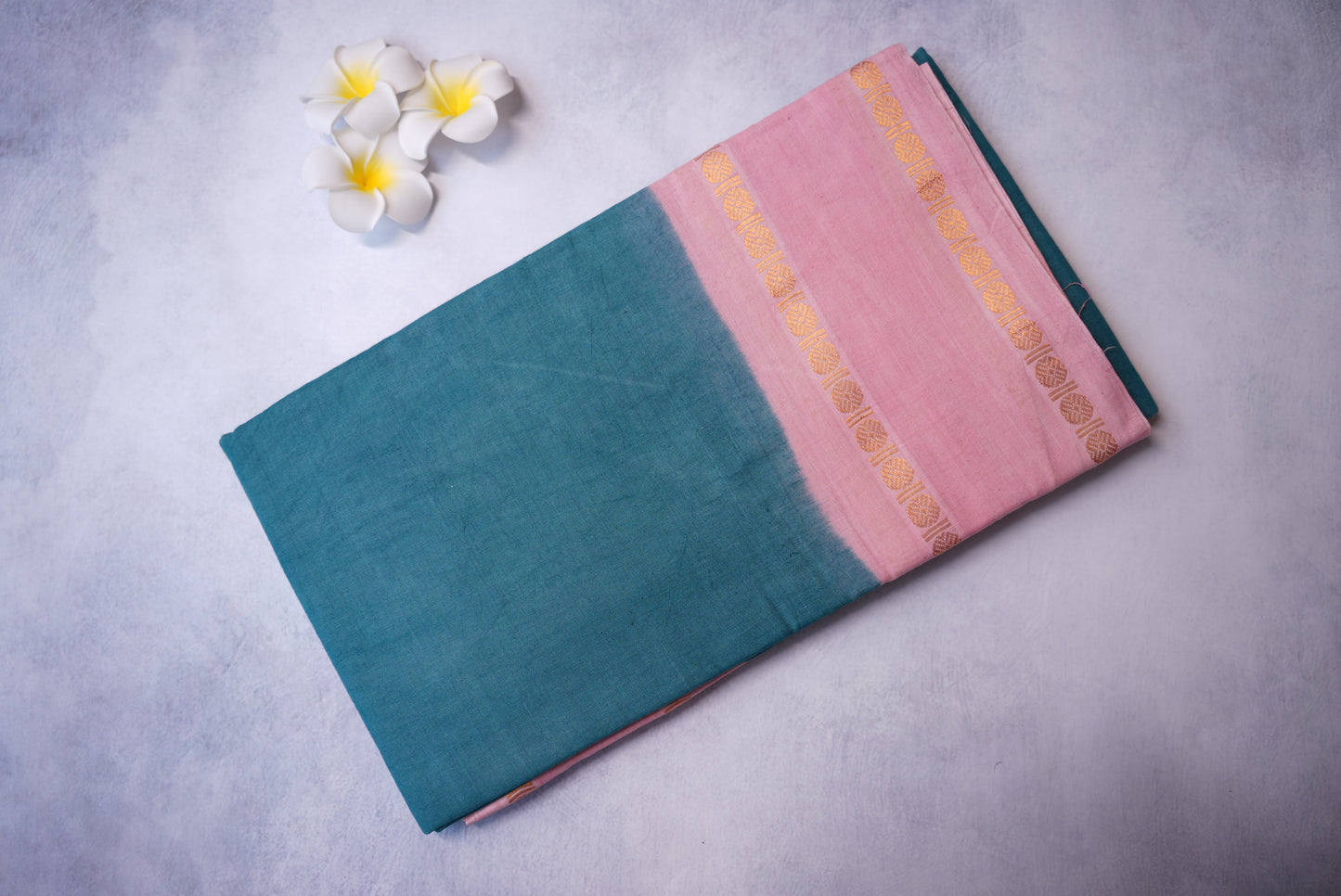 Teal Blue Sungudi Saree with Pink Border and Rudraksha Detailing