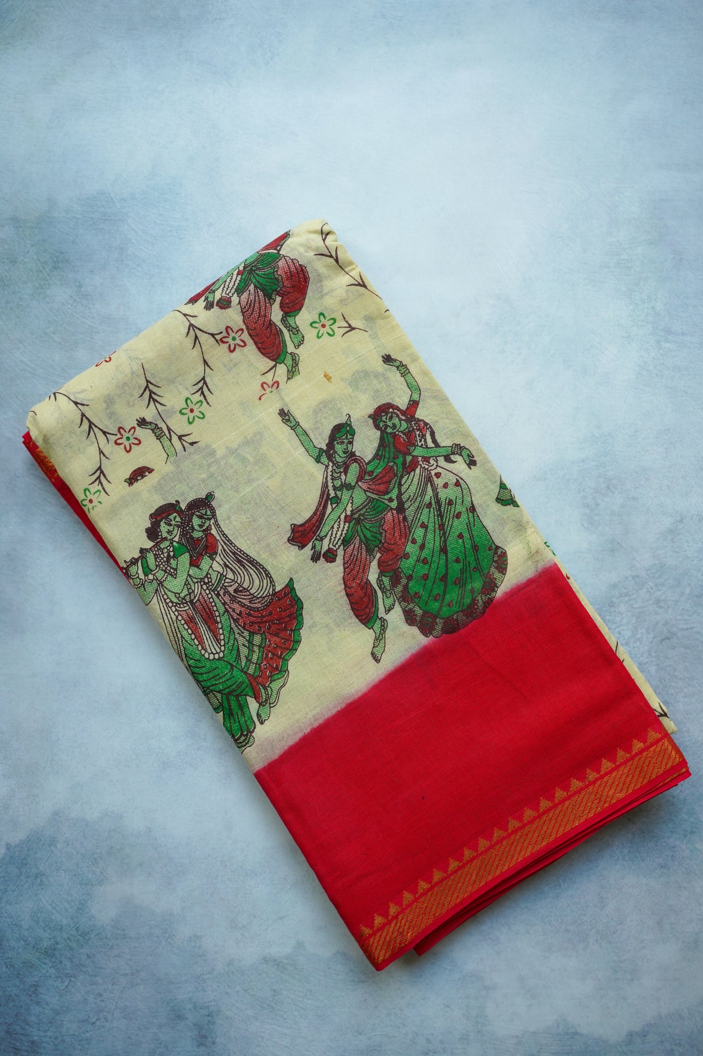 Radha-Krishna printed Red border with blouse Sungudi Saree