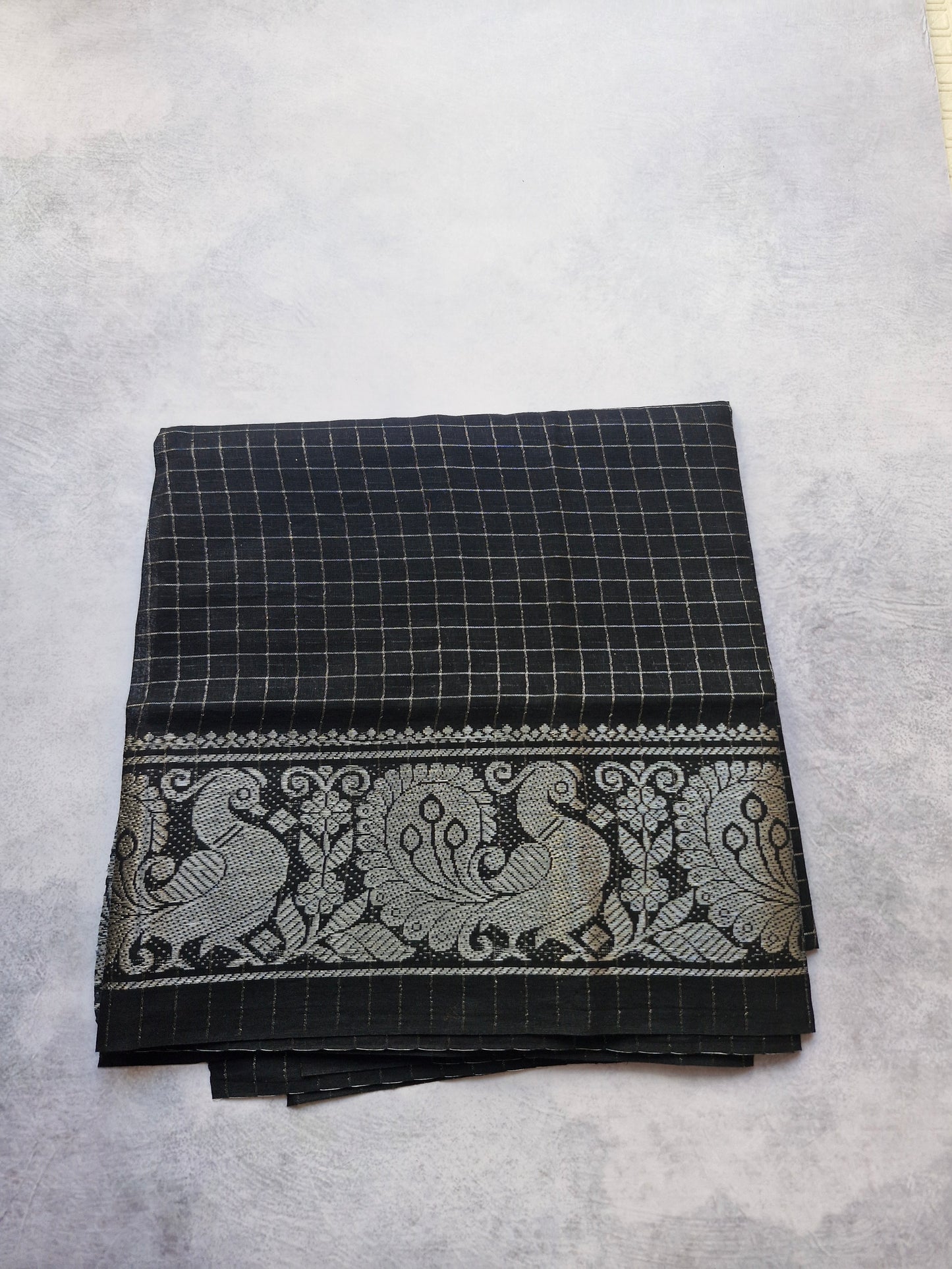 Silver zari Saree with Brown and Black Border Sungudi saree