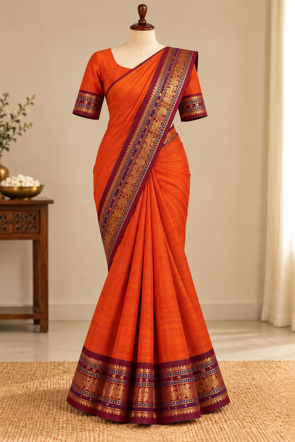 Kanchi cotton - Rust Orange and marron border | TLL136