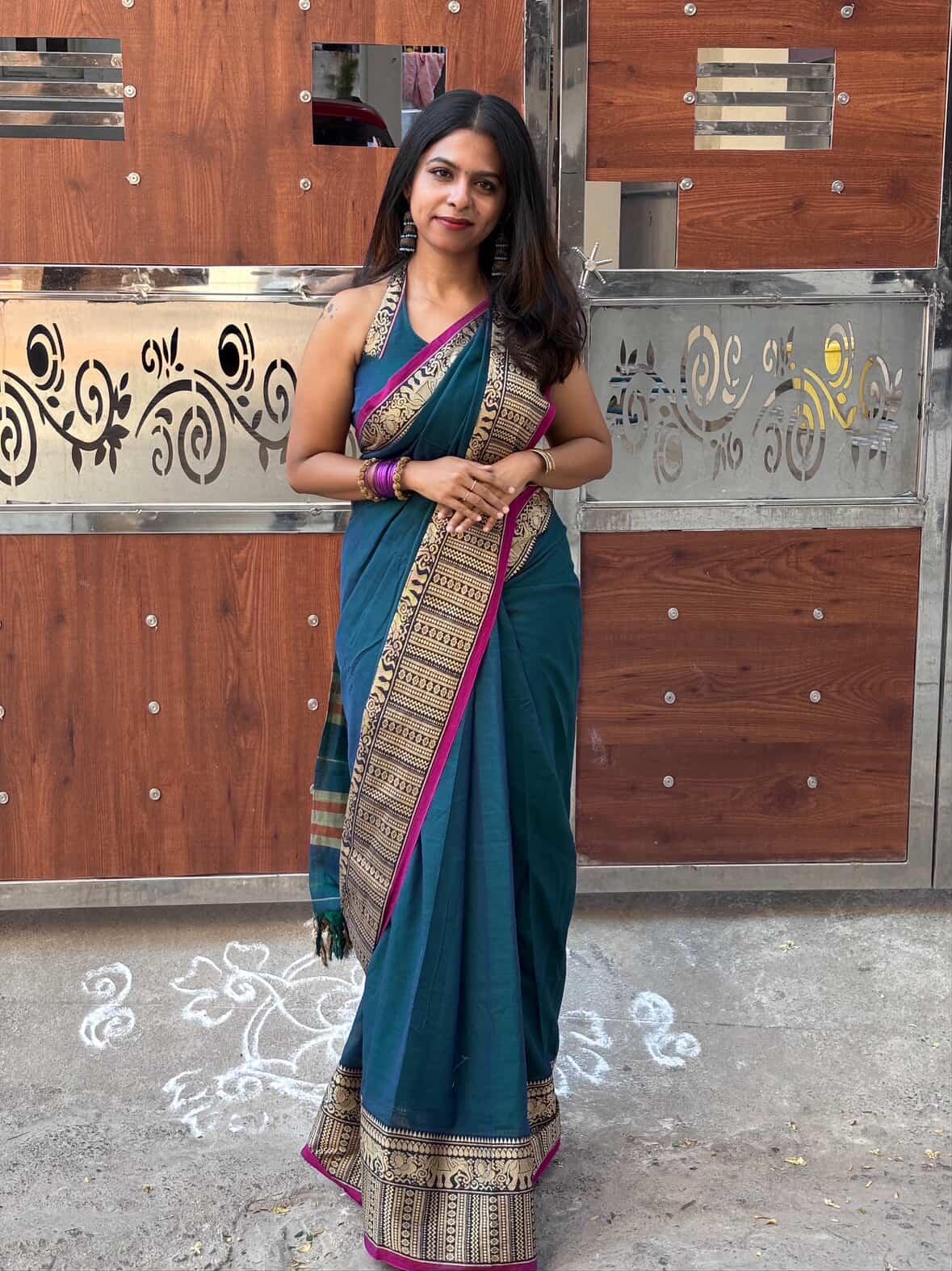 Narayanpet Cotton saree teal Green with pink border