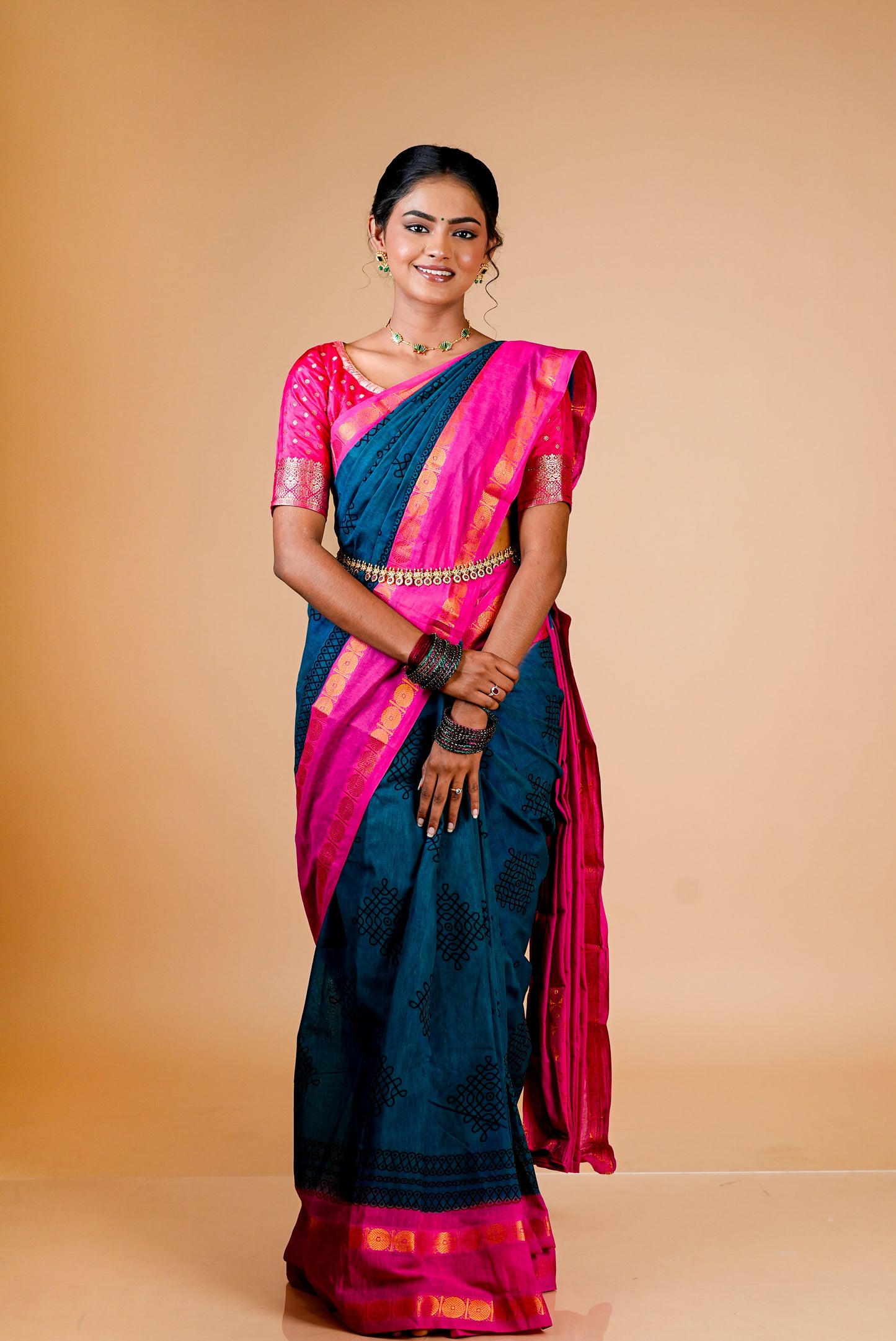 Kolam Printed Saree | Pink border