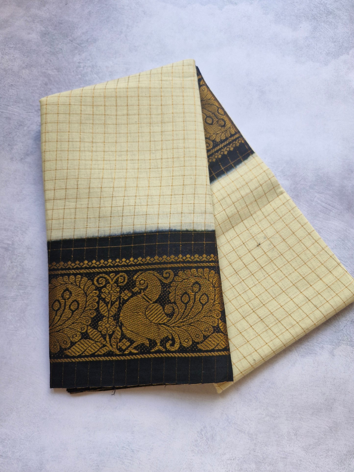 Golden zari checked White and Black Border sungudi saree