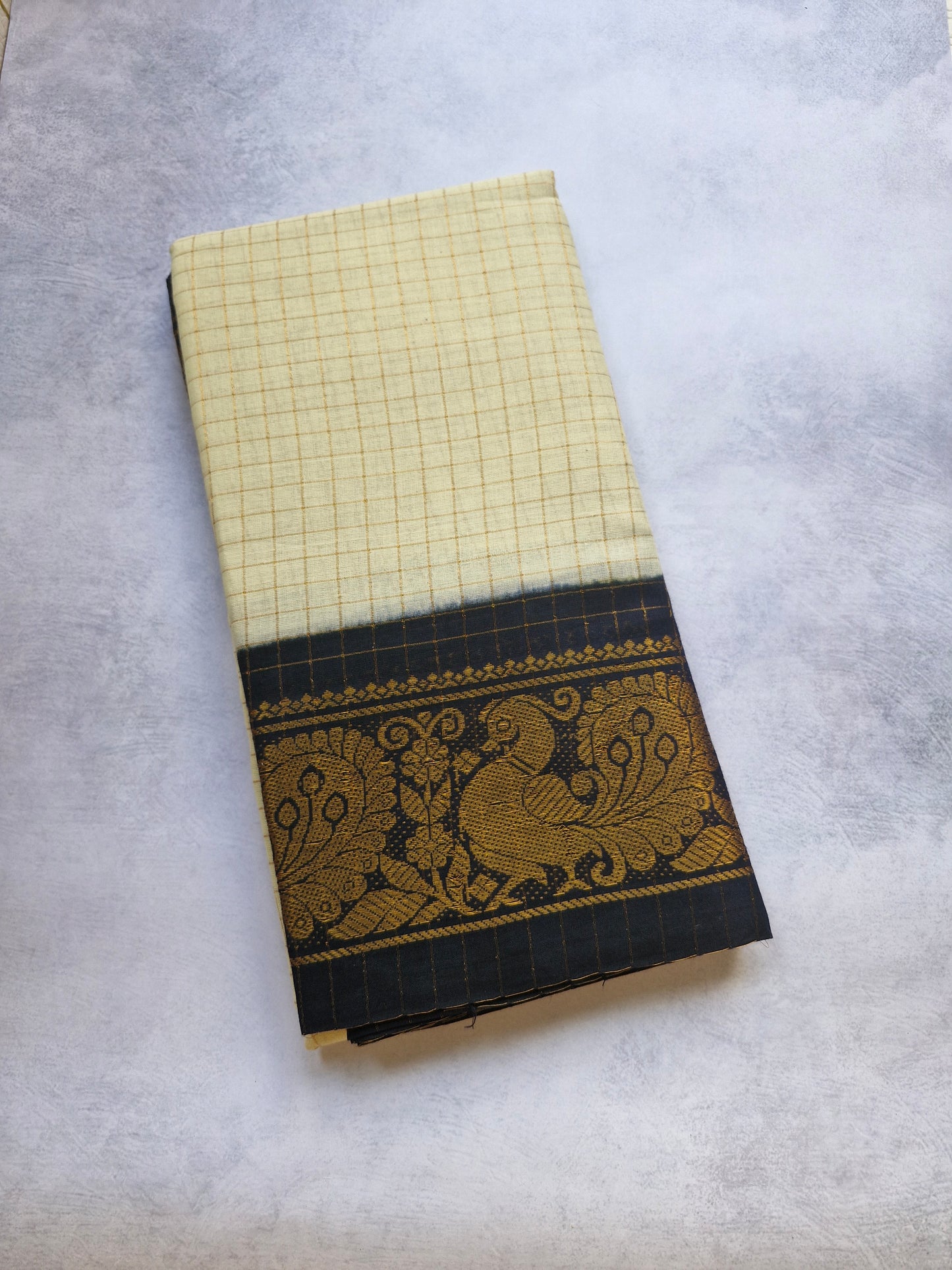 Golden zari checked White and Black Border sungudi saree