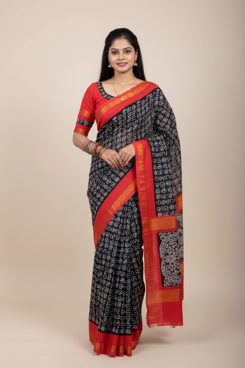 Tamil Printed Sungudi | Black and Red border | TLL144