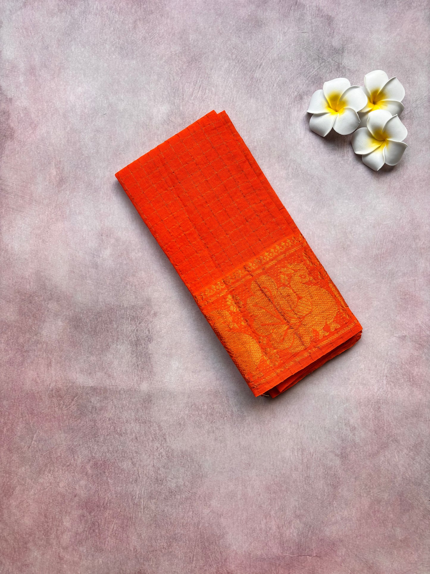 White Checked Sungudi Cotton Saree with Orange Border