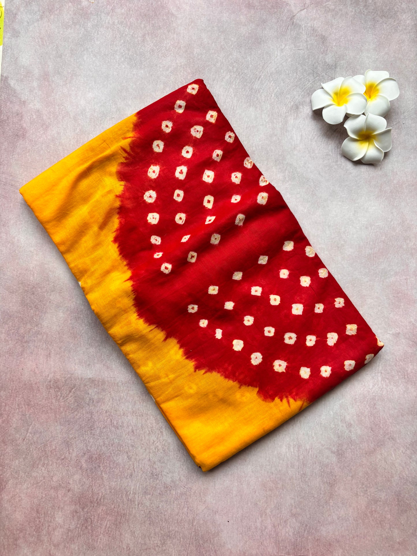 Mango Yellow with Bright Red Hand-Knotted Bhandhini Cotton Saree – Borderless (With Blouse)