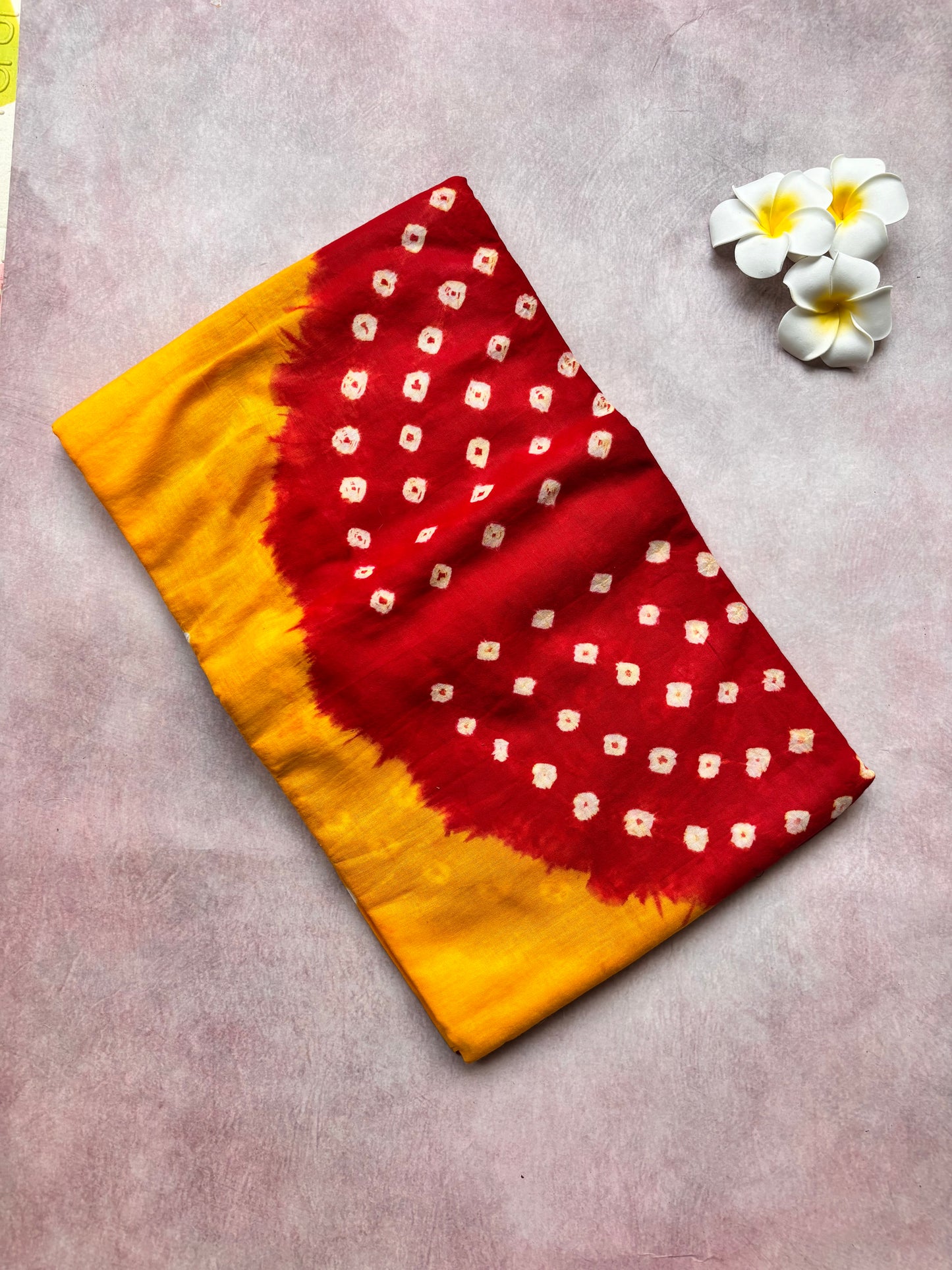 Mango Yellow with Bright Red Hand-Knotted Bhandhini Cotton Saree – Borderless (With Blouse)