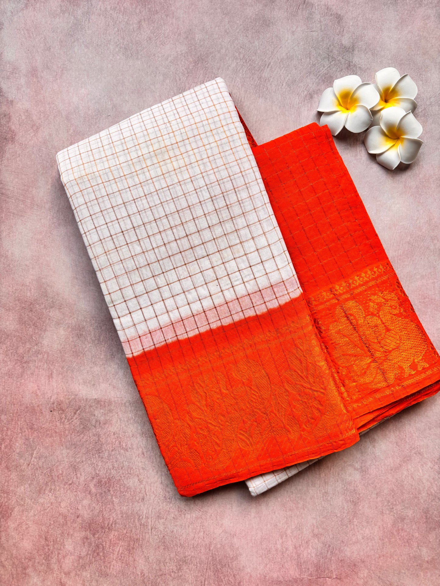 White Checked Sungudi Cotton Saree with Orange Border
