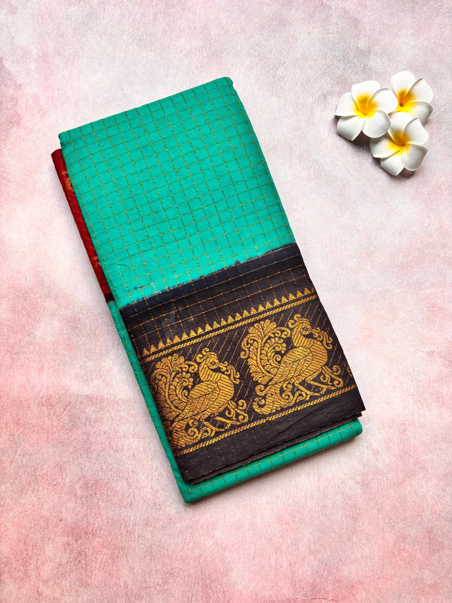 Caribbean Green Sungudi Cotton Saree with Ganga Jamuna Border with blouse ( black and red) - TLL04